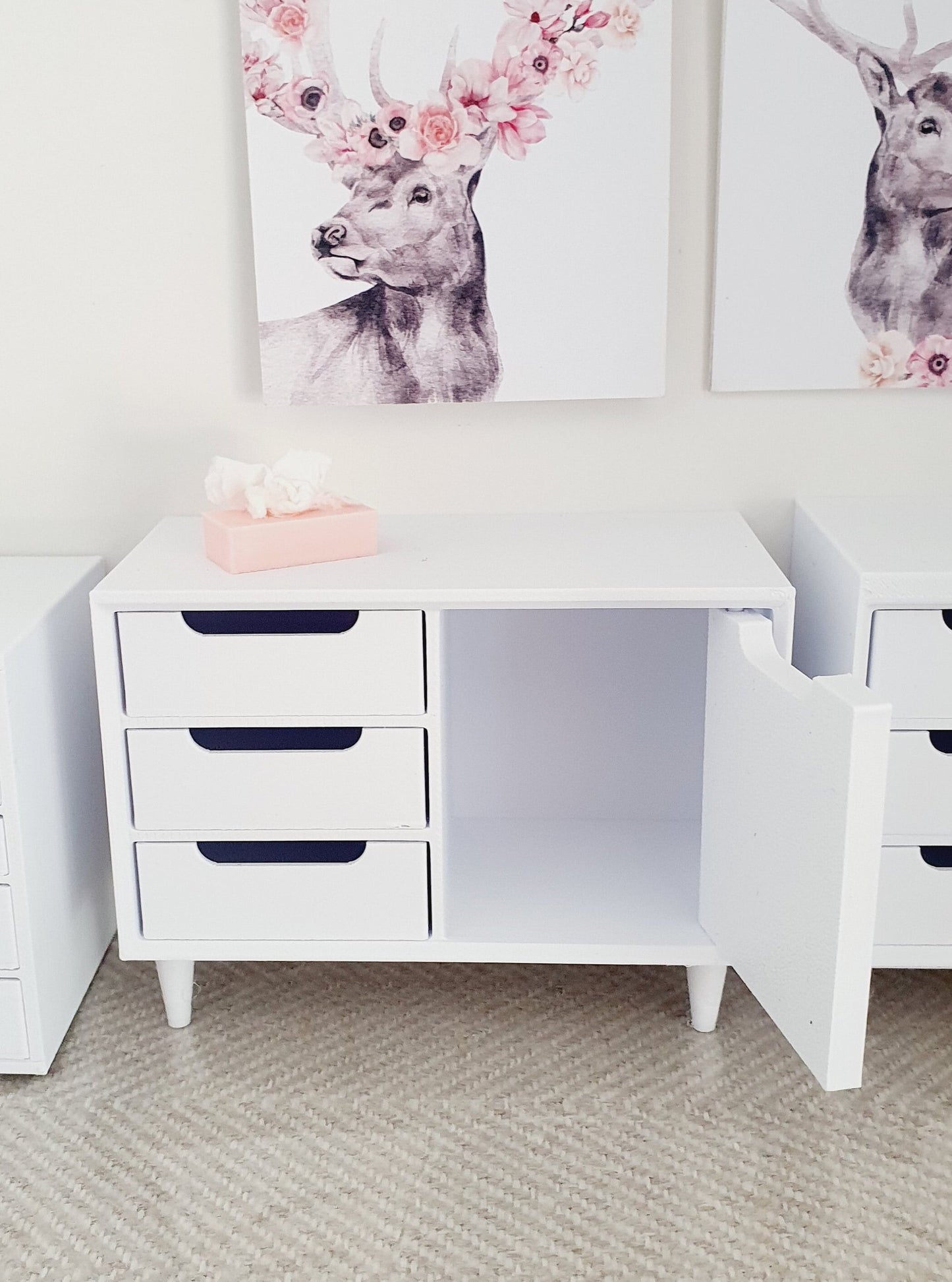 Dolls House Modern Small Sideboard with 3 opening drawers & 1 cupboard, Choice of Colours 1:12th Scale, Miniature