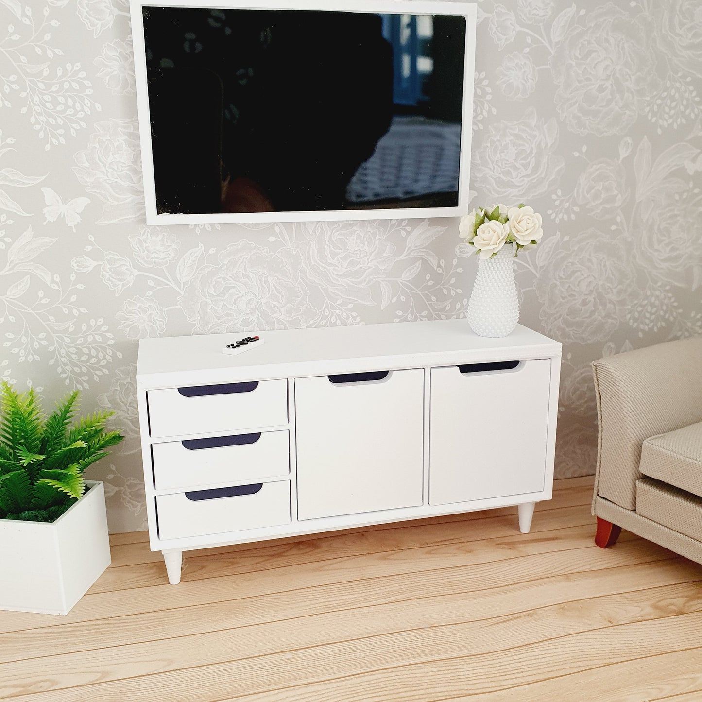 Dolls House Modern Sideboard | 3 Drawers & Double Cupboard | Choice of Colours | 1:12 Scale Miniature