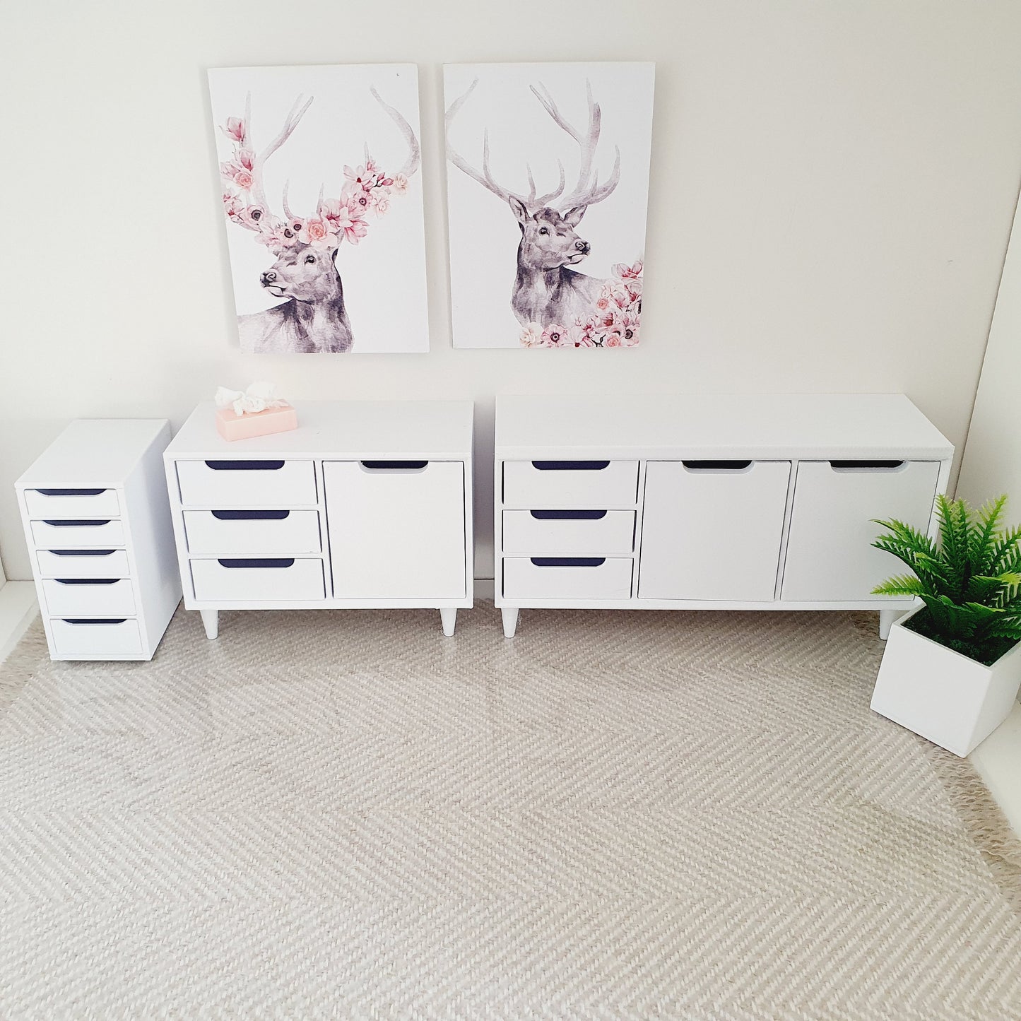 Dolls House Modern Small Sideboard with 3 opening drawers & 1 cupboard, Choice of Colours 1:12th Scale, Miniature