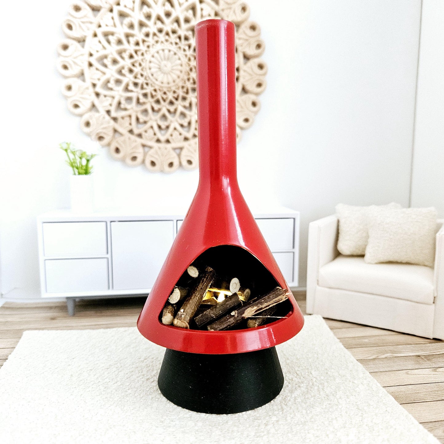 Dolls House, Remote Control Miniature Mid-Century Modern-style LED Fireplace, 12th Scale, Inch scale Furniture