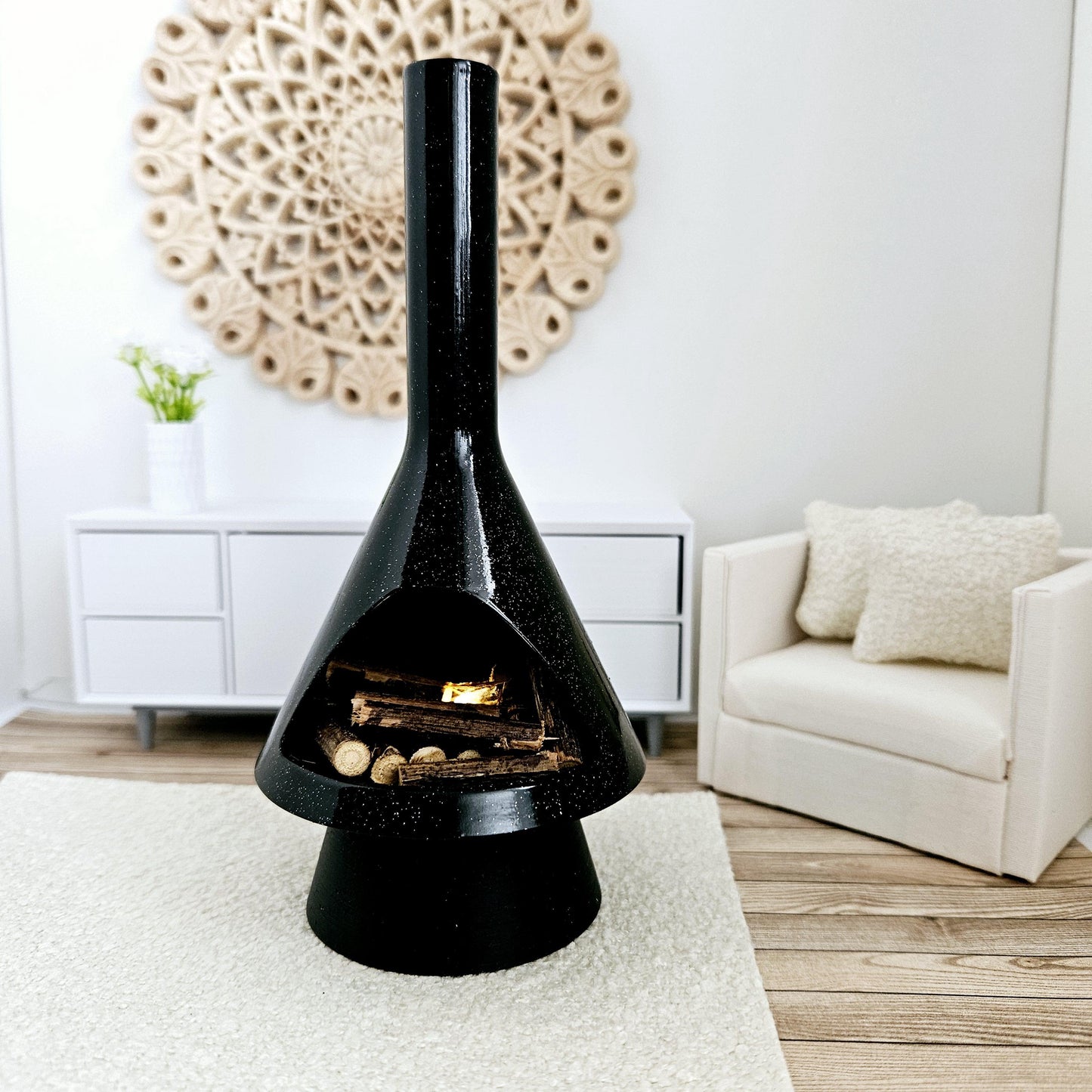 Dolls House, Remote Control Miniature Mid-Century Modern-style LED Fireplace, 12th Scale, Inch scale Furniture