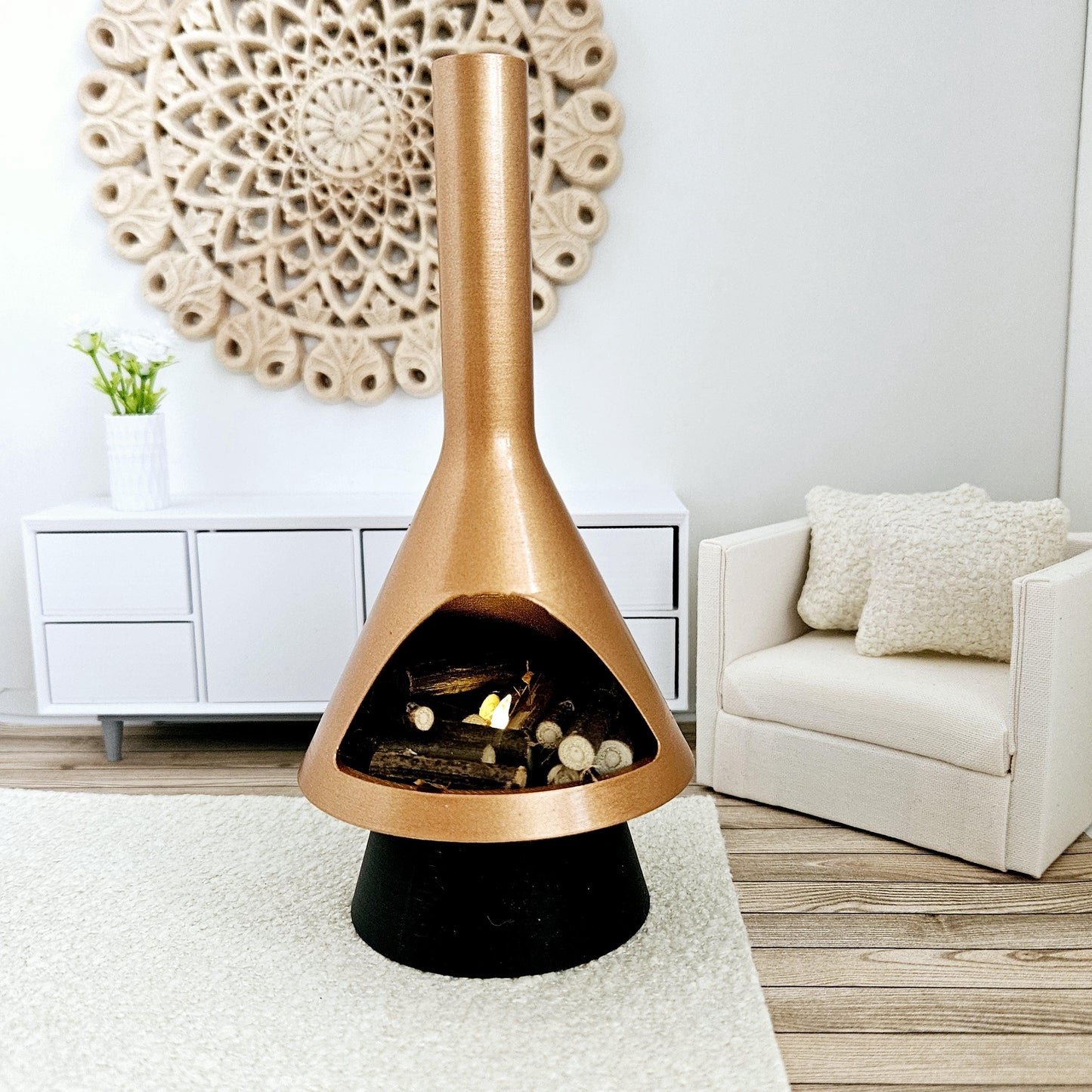 Dolls House, Remote Control Miniature Mid-Century Modern-style LED Fireplace, 12th Scale, Inch scale Furniture