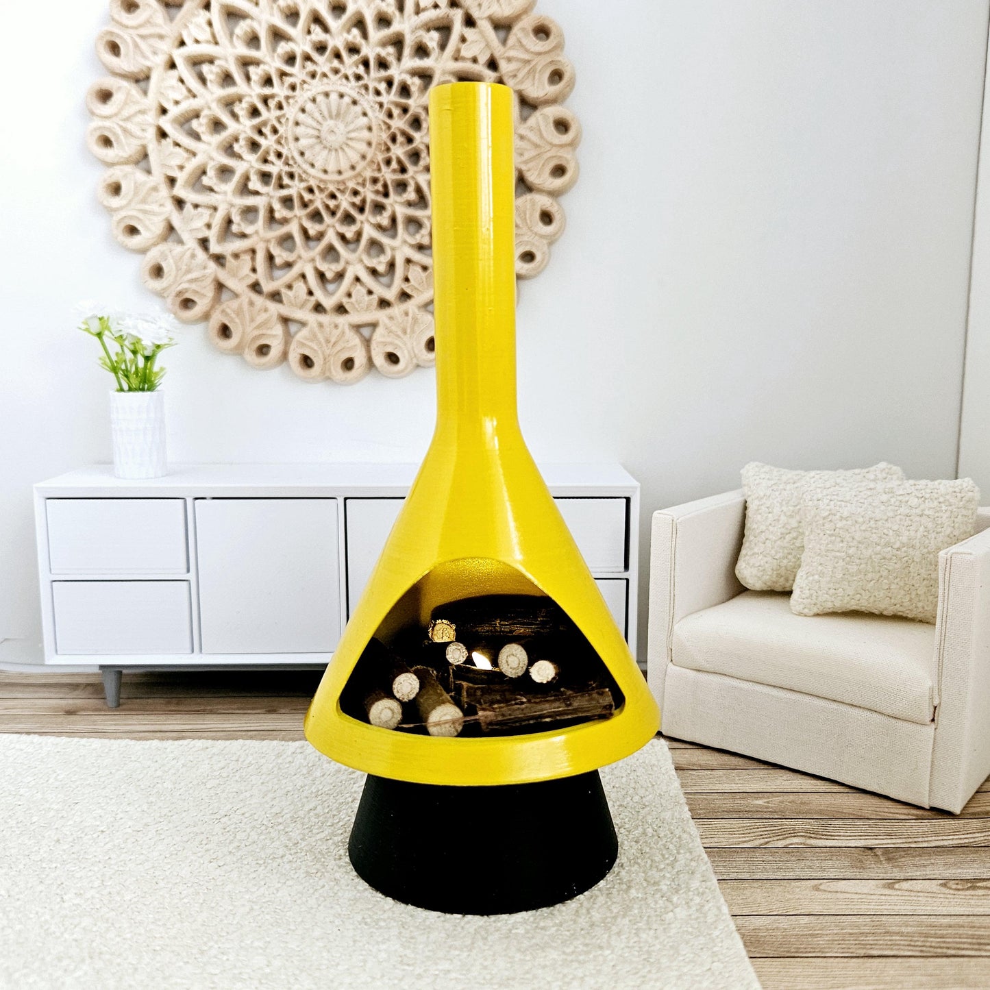 Dolls House, Remote Control Miniature Mid-Century Modern-style LED Fireplace, 12th Scale, Inch scale Furniture
