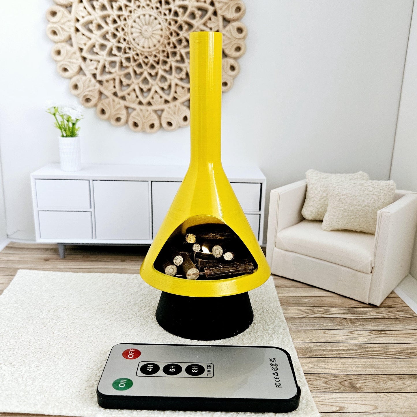 Dolls House, Remote Control Miniature Mid-Century Modern-style LED Fireplace, 12th Scale, Inch scale Furniture