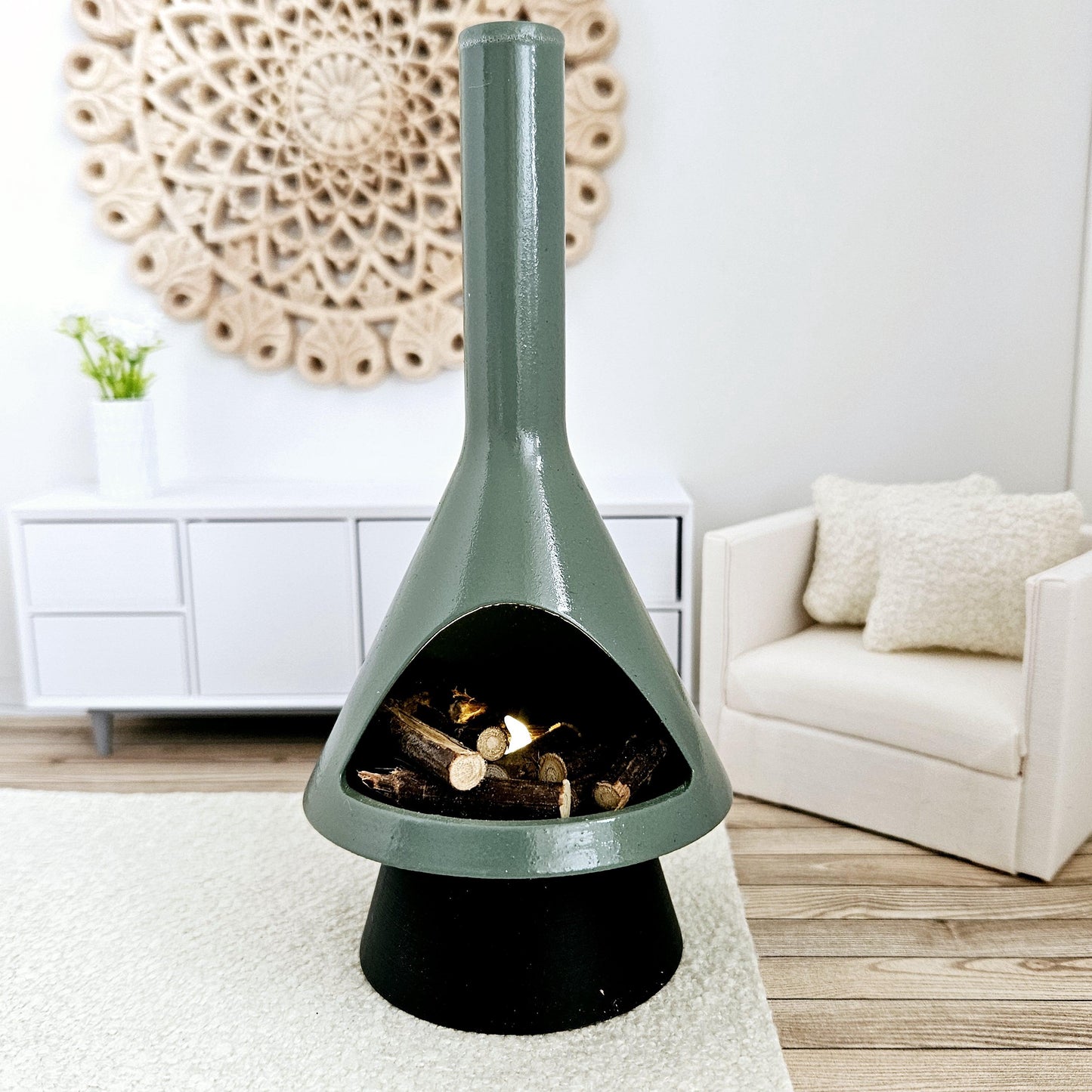 Dolls House, Remote Control Miniature Mid-Century Modern-style LED Fireplace, 12th Scale, Inch scale Furniture