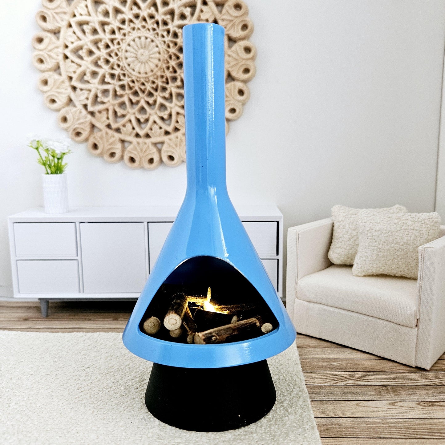 Dolls House, Remote Control Miniature Mid-Century Modern-style LED Fireplace, 12th Scale, Inch scale Furniture
