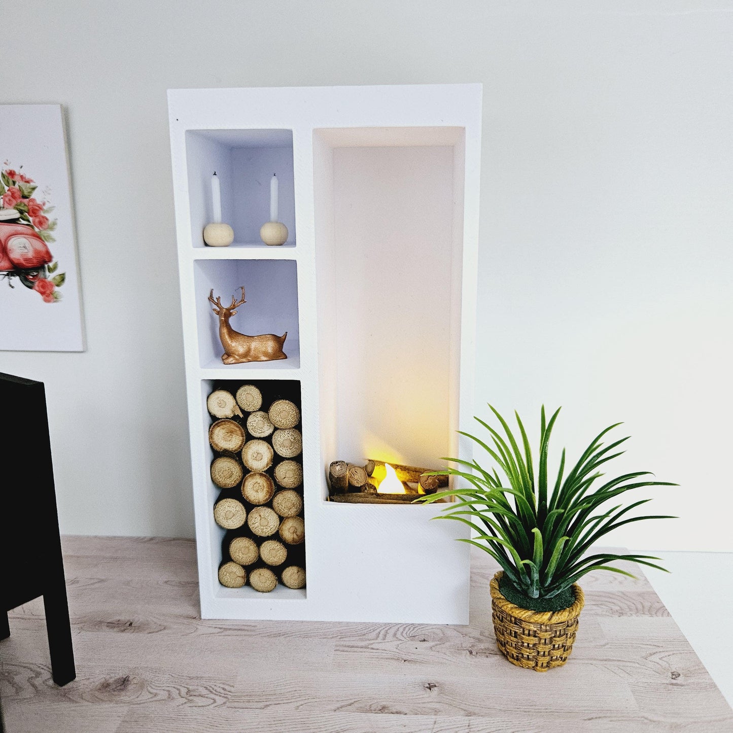 Dolls House Modern Square Log Fire Place with Light Up Flame and Wood, Choice of Colours, 1:12th Scale, Miniature Fire (FIRE1)