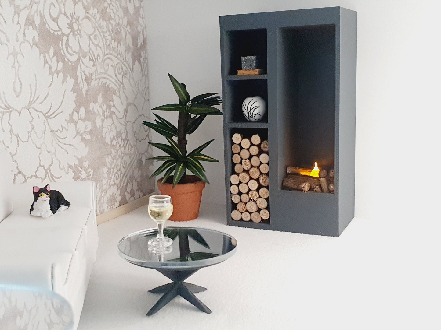 Dolls House Modern Square Log Fire Place with Light Up Flame and Wood, Choice of Colours, 1:12th Scale, Miniature Fire (FIRE1)