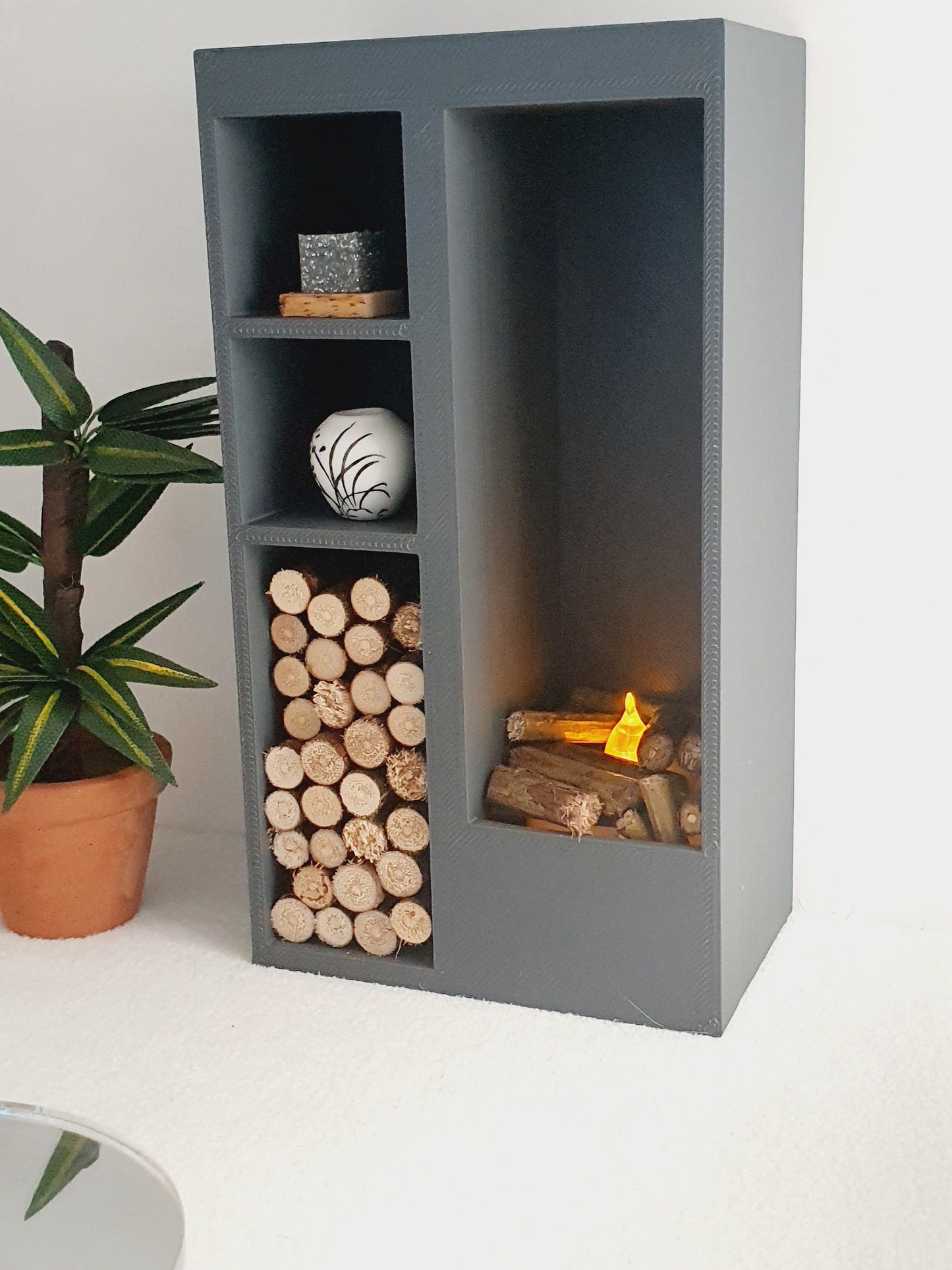 Dolls House Modern Square Log Fire Place with Light Up Flame and Wood, Choice of Colours, 1:12th Scale, Miniature Fire (FIRE1)