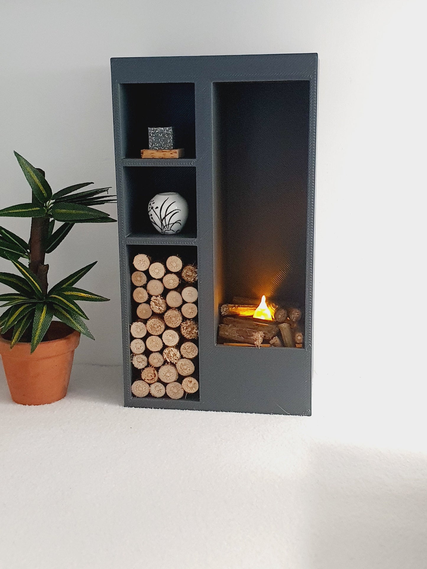 Dolls House Modern Square Log Fire Place with Light Up Flame and Wood, Choice of Colours, 1:12th Scale, Miniature Fire (FIRE1)