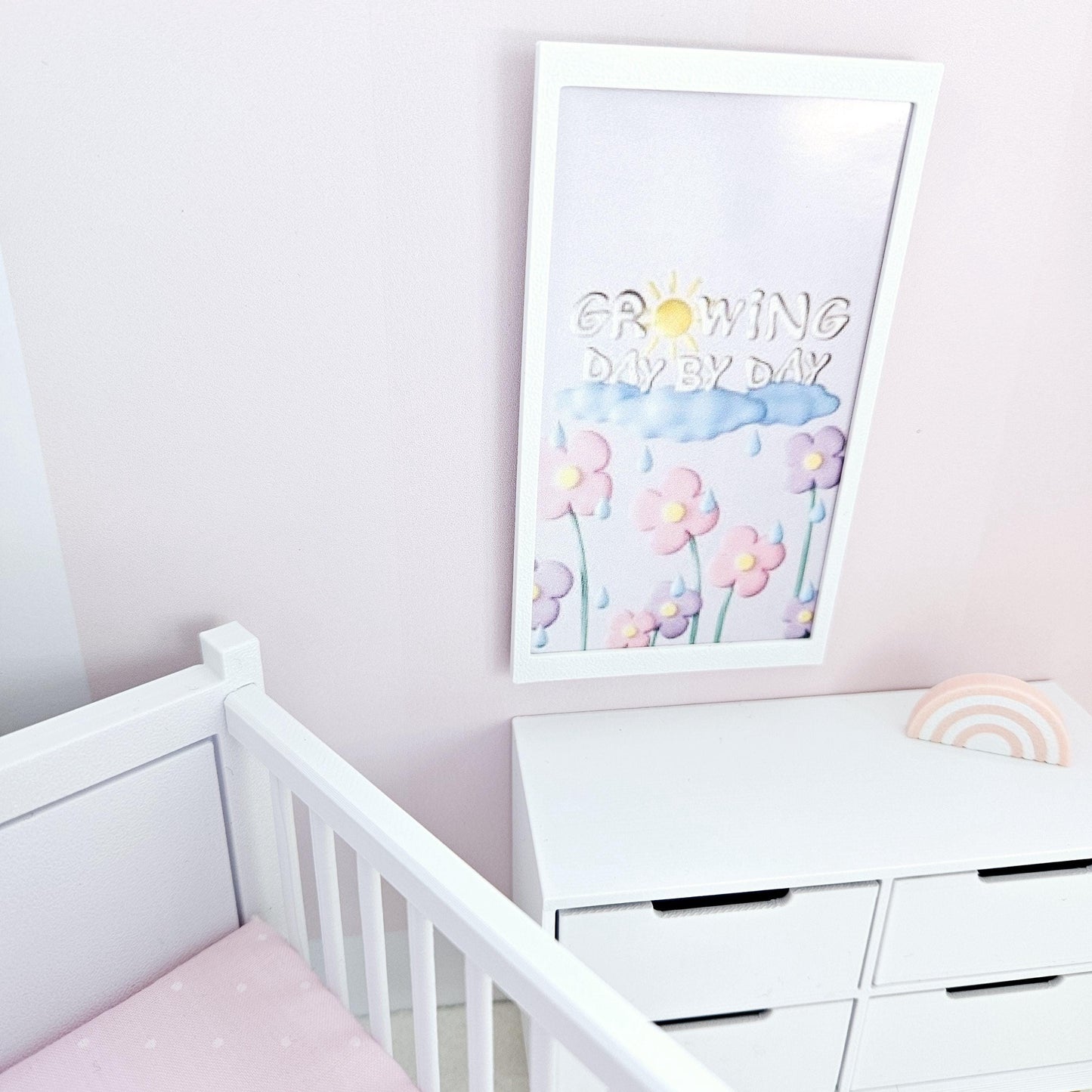 Dolls House Modern Framed Wall Art, Nursery Print. Growing Day By Day, 12th scale, miniature wall picture. Nursery wall art