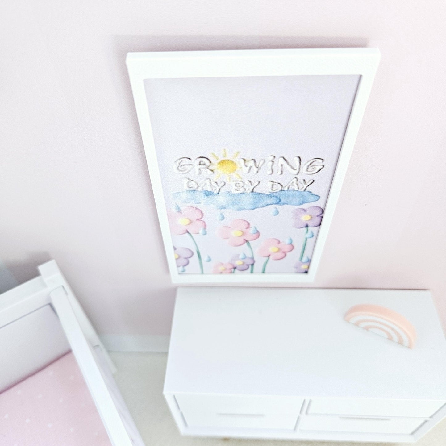 Dolls House Modern Framed Wall Art, Nursery Print. Growing Day By Day, 12th scale, miniature wall picture. Nursery wall art