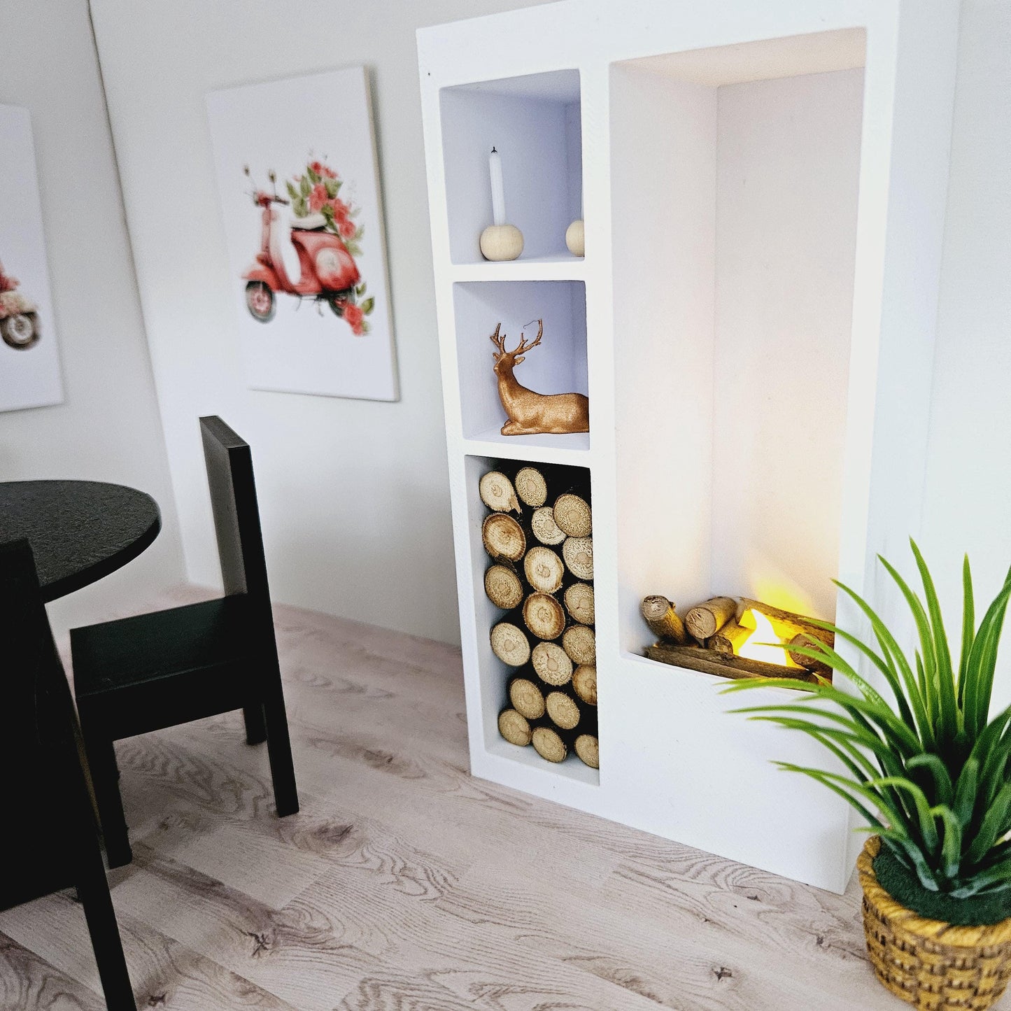 Dolls House Modern Square Log Fire Place with Light Up Flame and Wood, Choice of Colours, 1:12th Scale, Miniature Fire (FIRE1)