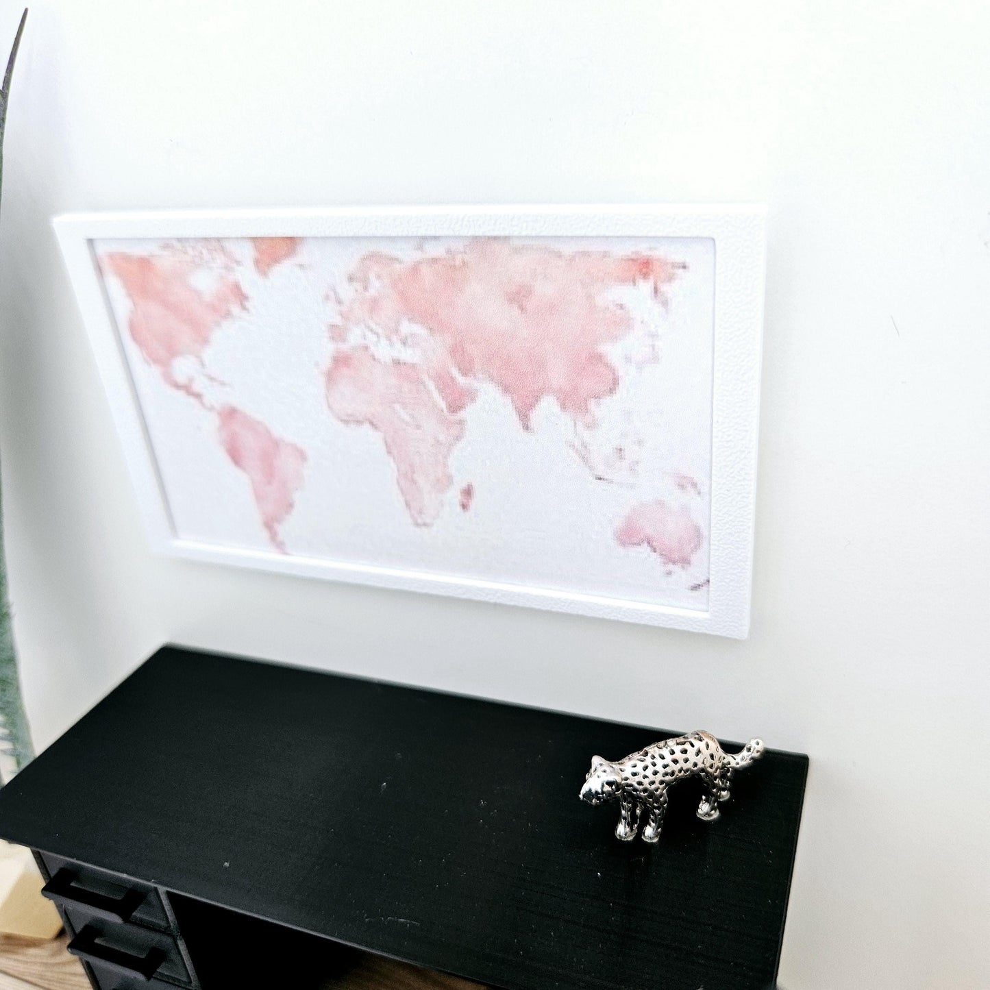 Dolls House Modern Framed Wall Art, Pink World Map print, 12th scale, miniature wall picture for any room