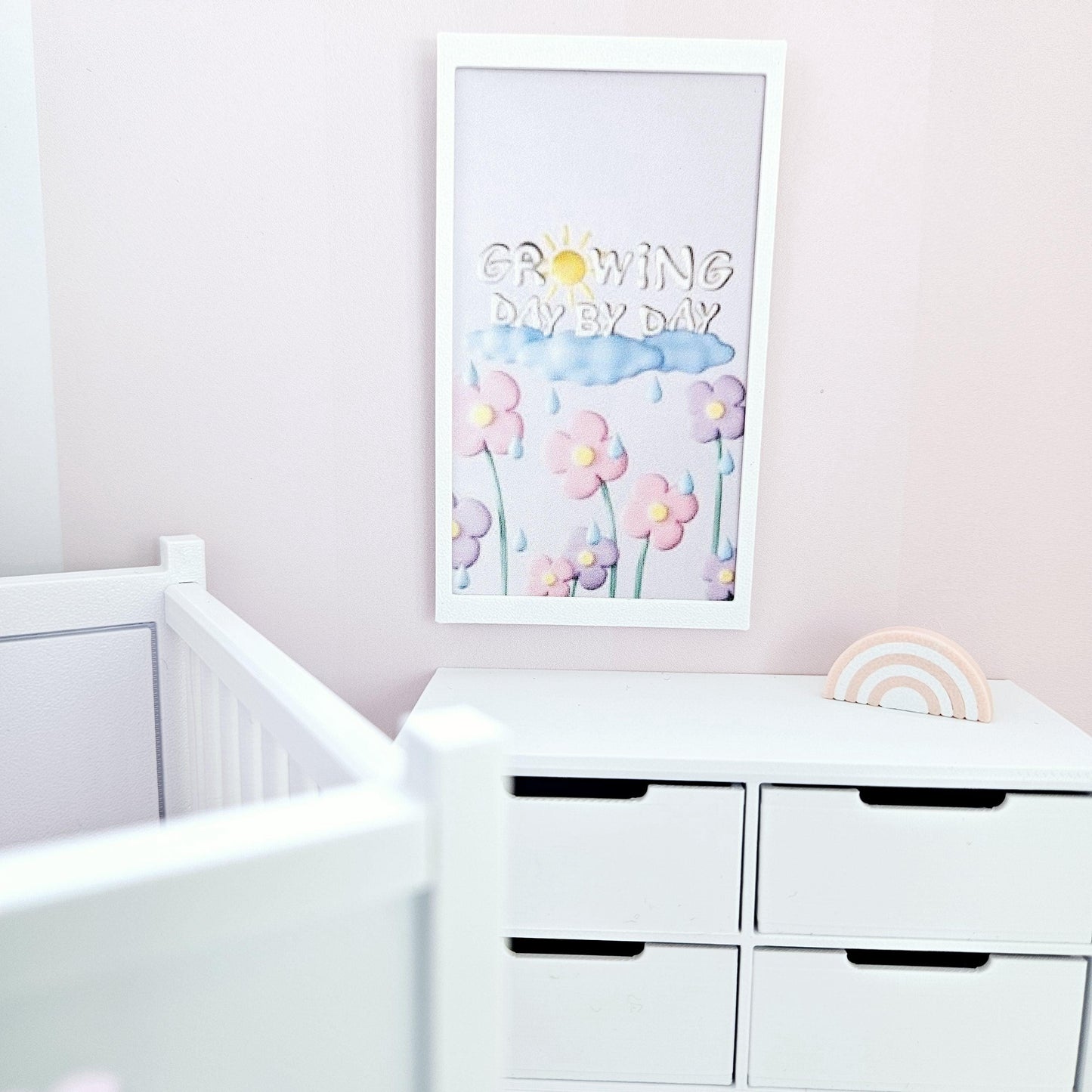 Dolls House Modern Framed Wall Art, Nursery Print. Growing Day By Day, 12th scale, miniature wall picture. Nursery wall art