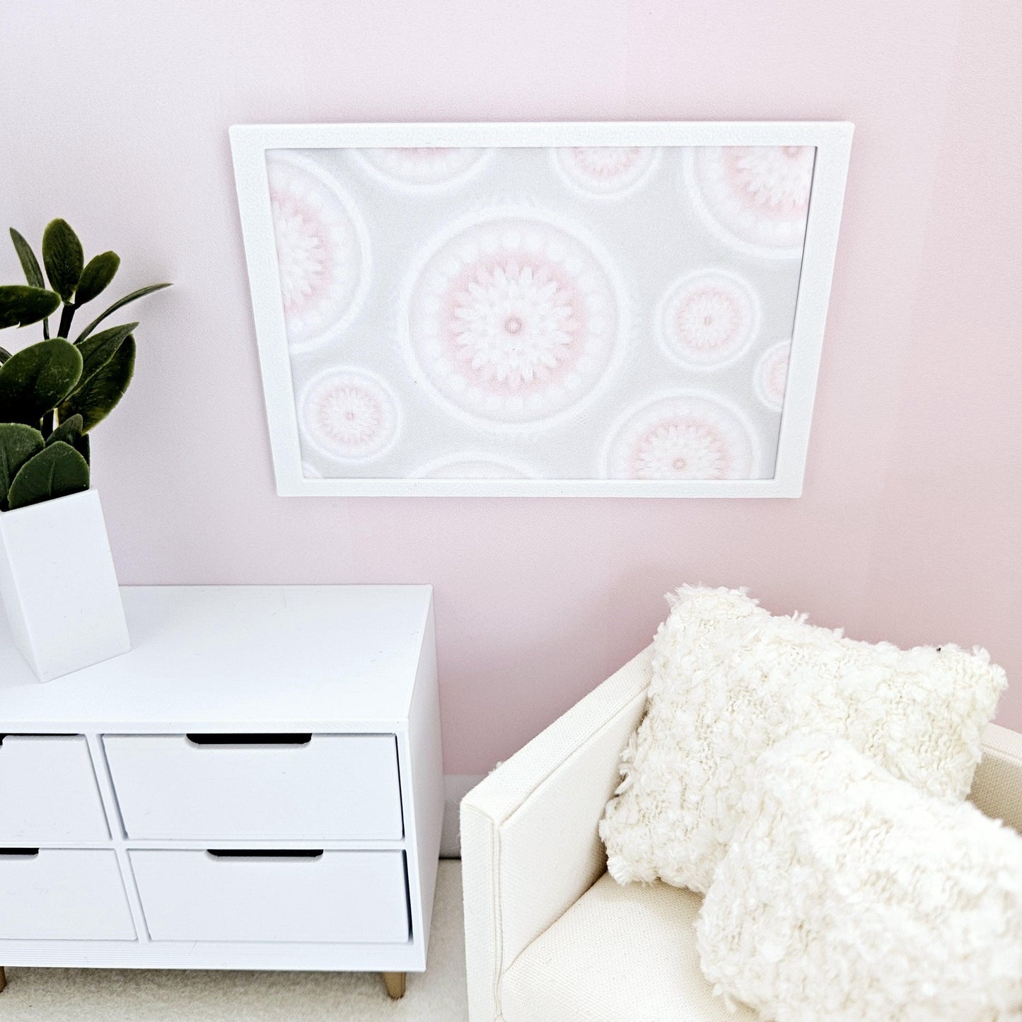 Dolls House Modern Framed Wall Art, Pretty pink circles print, 12th scale, miniature wall picture for any room