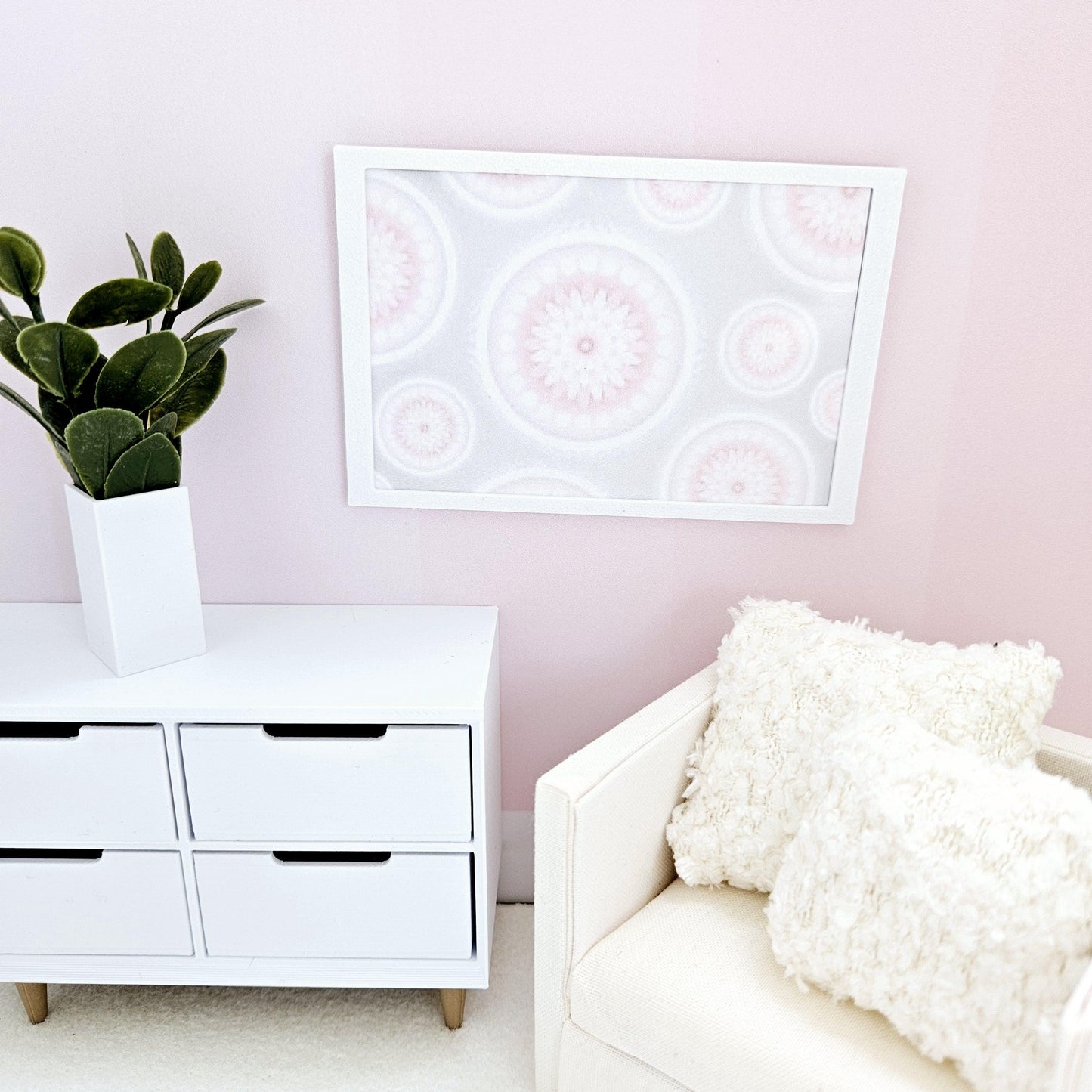 Dolls House Modern Framed Wall Art, Pretty pink circles print, 12th scale, miniature wall picture for any room
