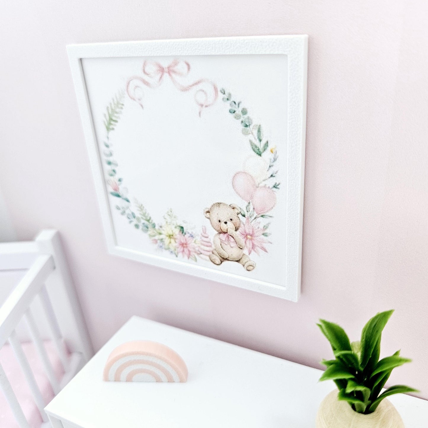 Dolls House Modern Framed Wall Art, Pink Teddy Bear picture, 12th scale, miniature wall picture, Nursery wall art