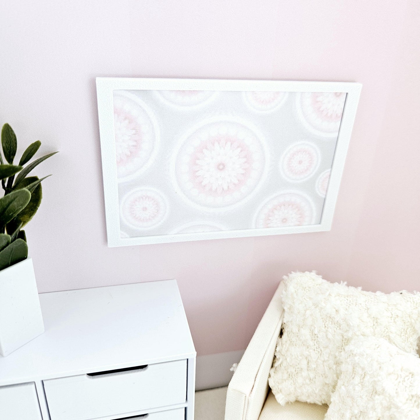 Dolls House Modern Framed Wall Art, Pretty pink circles print, 12th scale, miniature wall picture for any room