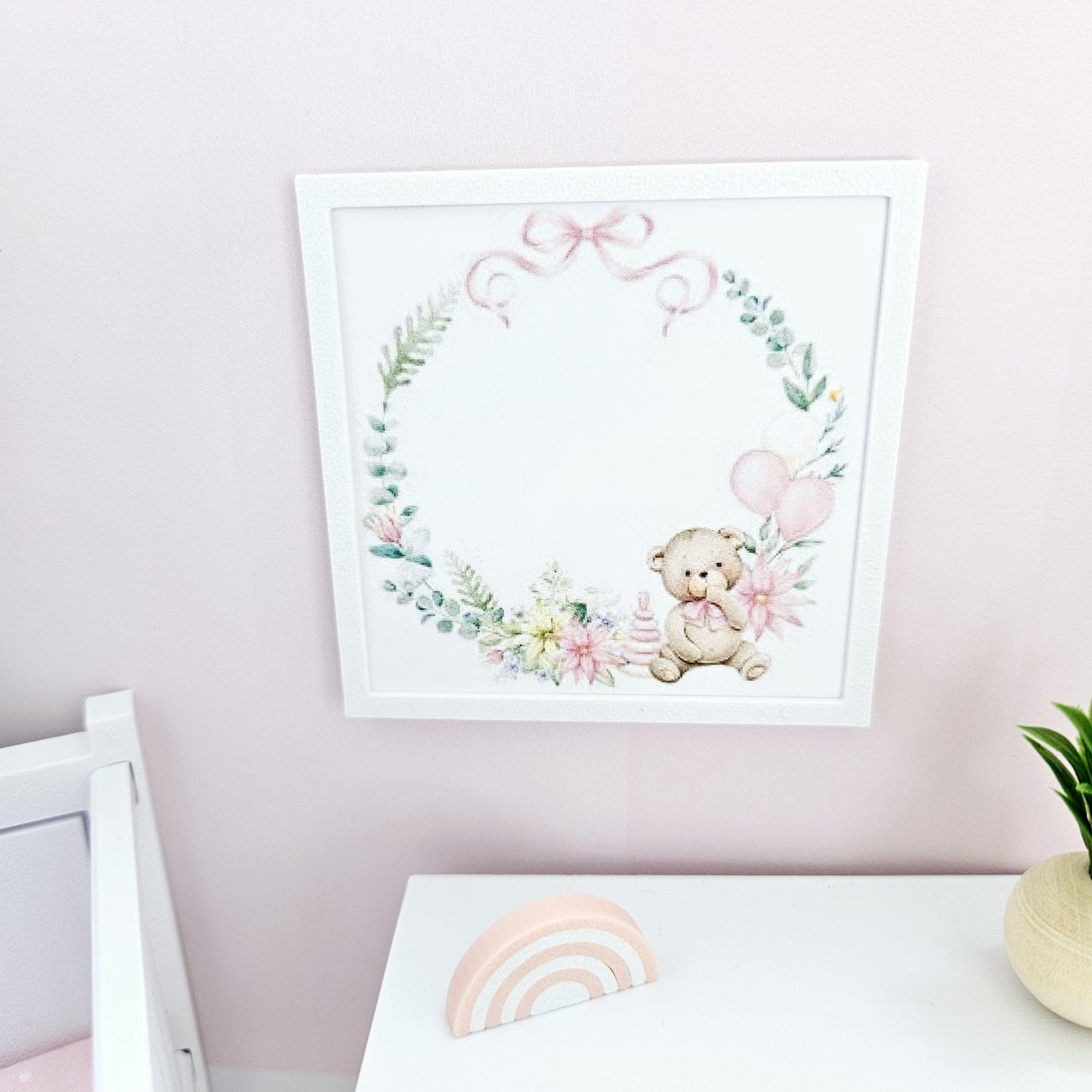 Dolls House Modern Framed Wall Art, Pink Teddy Bear picture, 12th scale, miniature wall picture, Nursery wall art