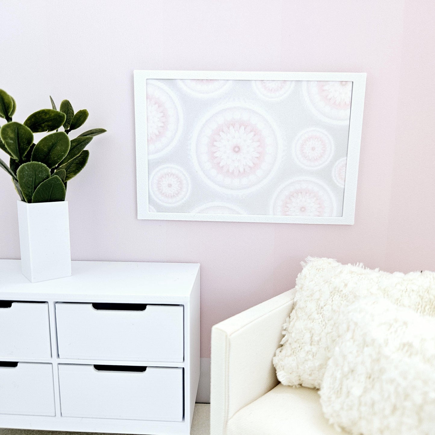 Dolls House Modern Framed Wall Art, Pretty pink circles print, 12th scale, miniature wall picture for any room