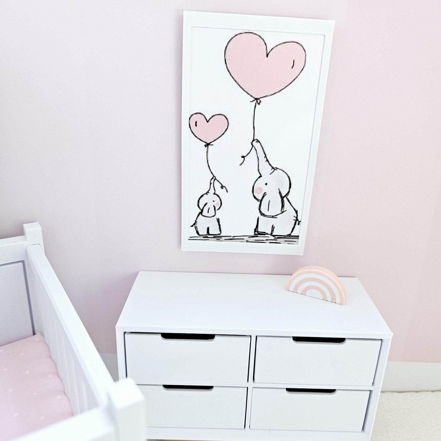 Dolls House Modern Framed Wall Art, Nursery Print. Cute pair of Elephants with Balloons, 12th scale, miniature wall picture. Nursery art