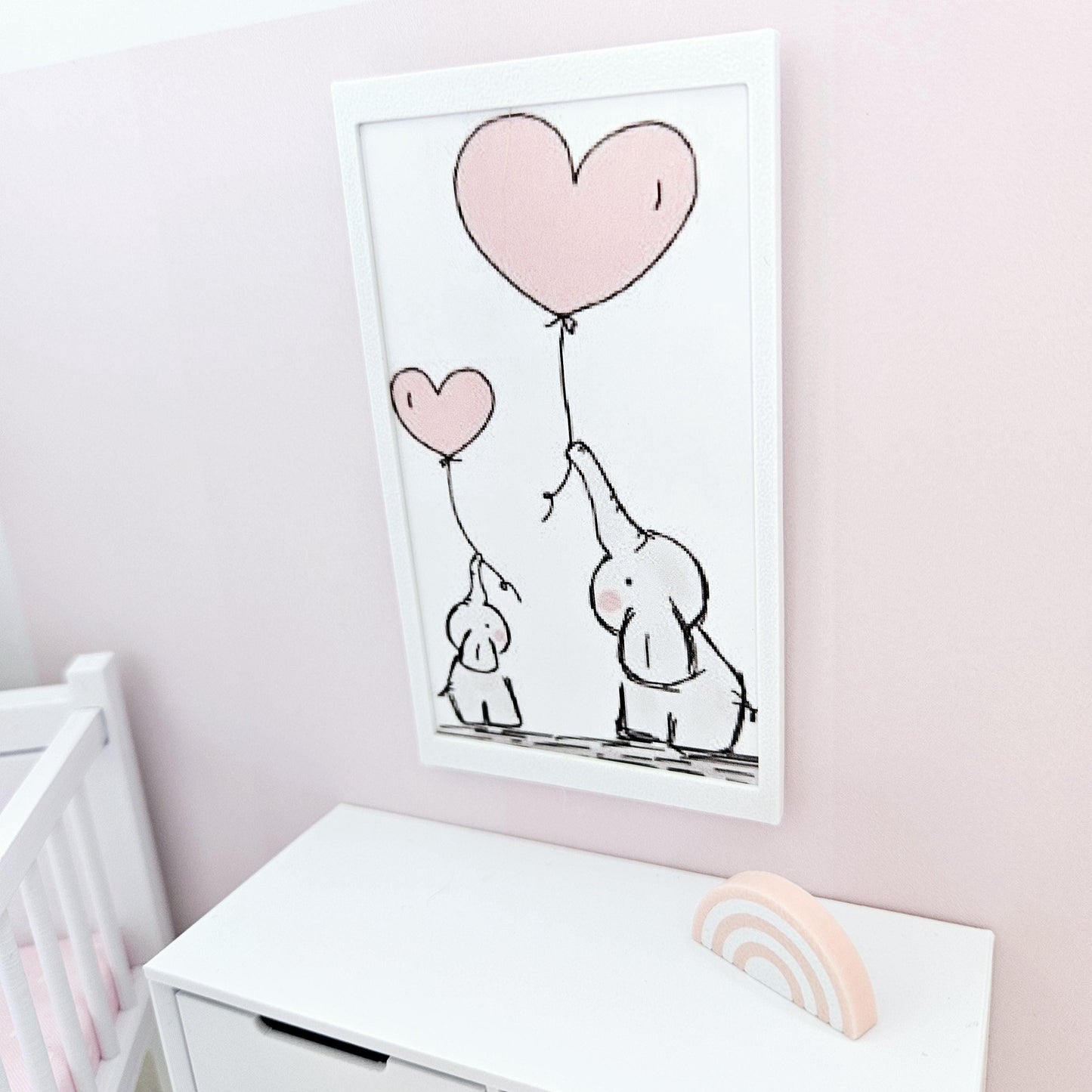 Dolls House Modern Framed Wall Art, Nursery Print. Cute pair of Elephants with Balloons, 12th scale, miniature wall picture. Nursery art