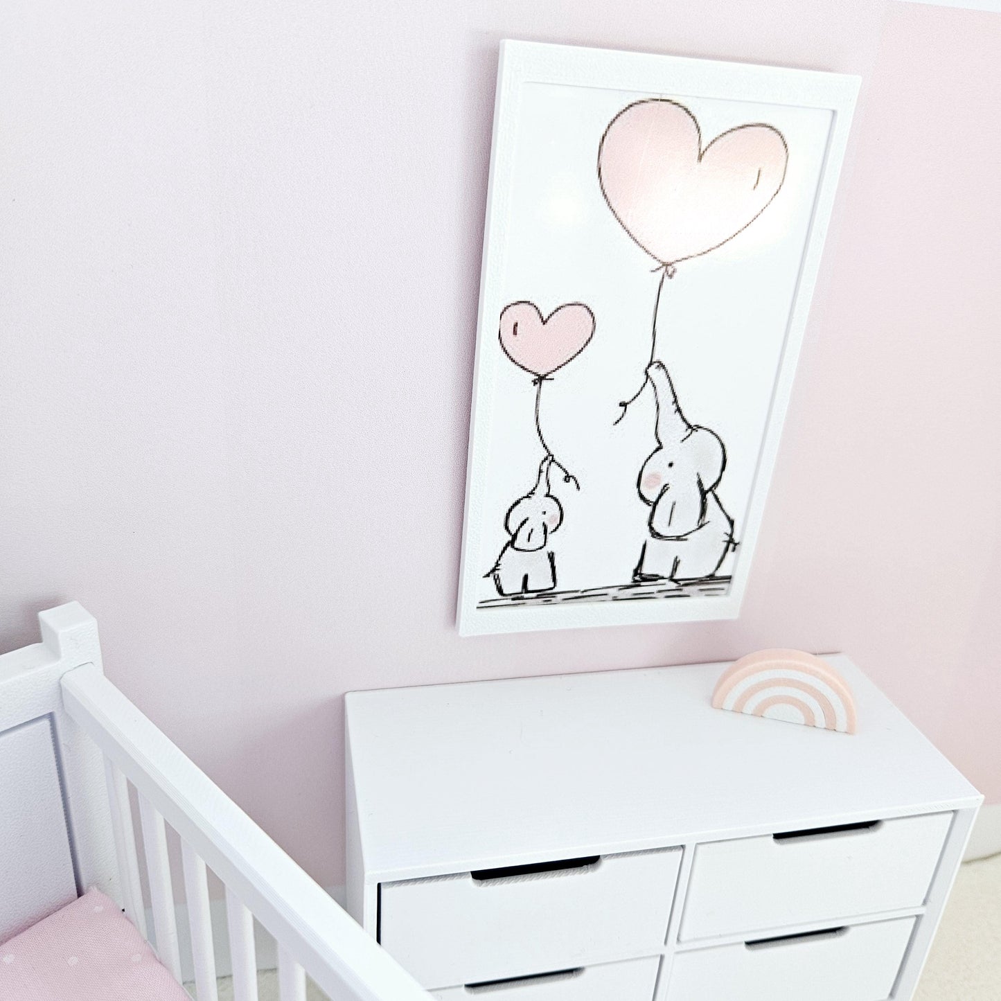 Dolls House Modern Framed Wall Art, Nursery Print. Cute pair of Elephants with Balloons, 12th scale, miniature wall picture. Nursery art