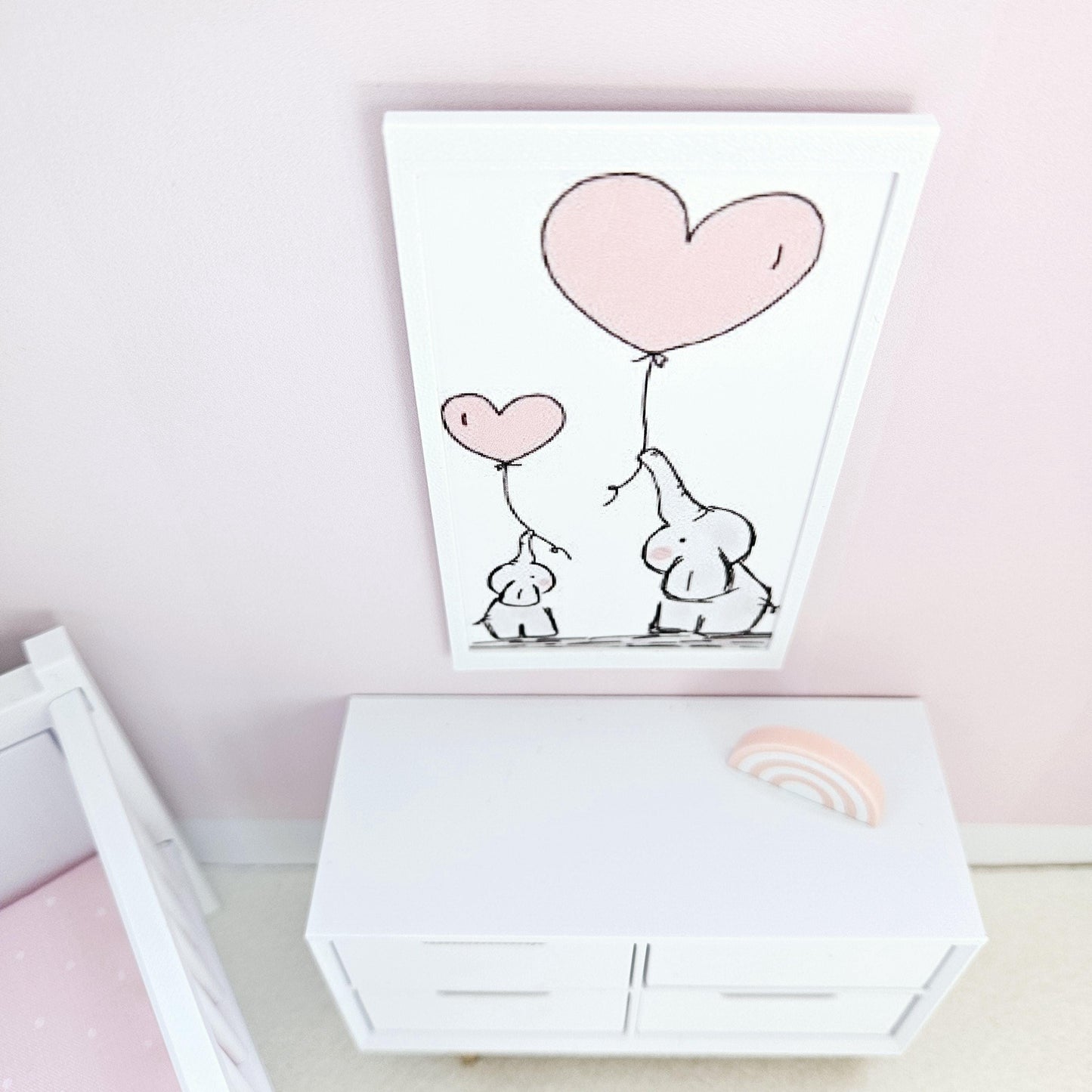 Dolls House Modern Framed Wall Art, Nursery Print. Cute pair of Elephants with Balloons, 12th scale, miniature wall picture. Nursery art