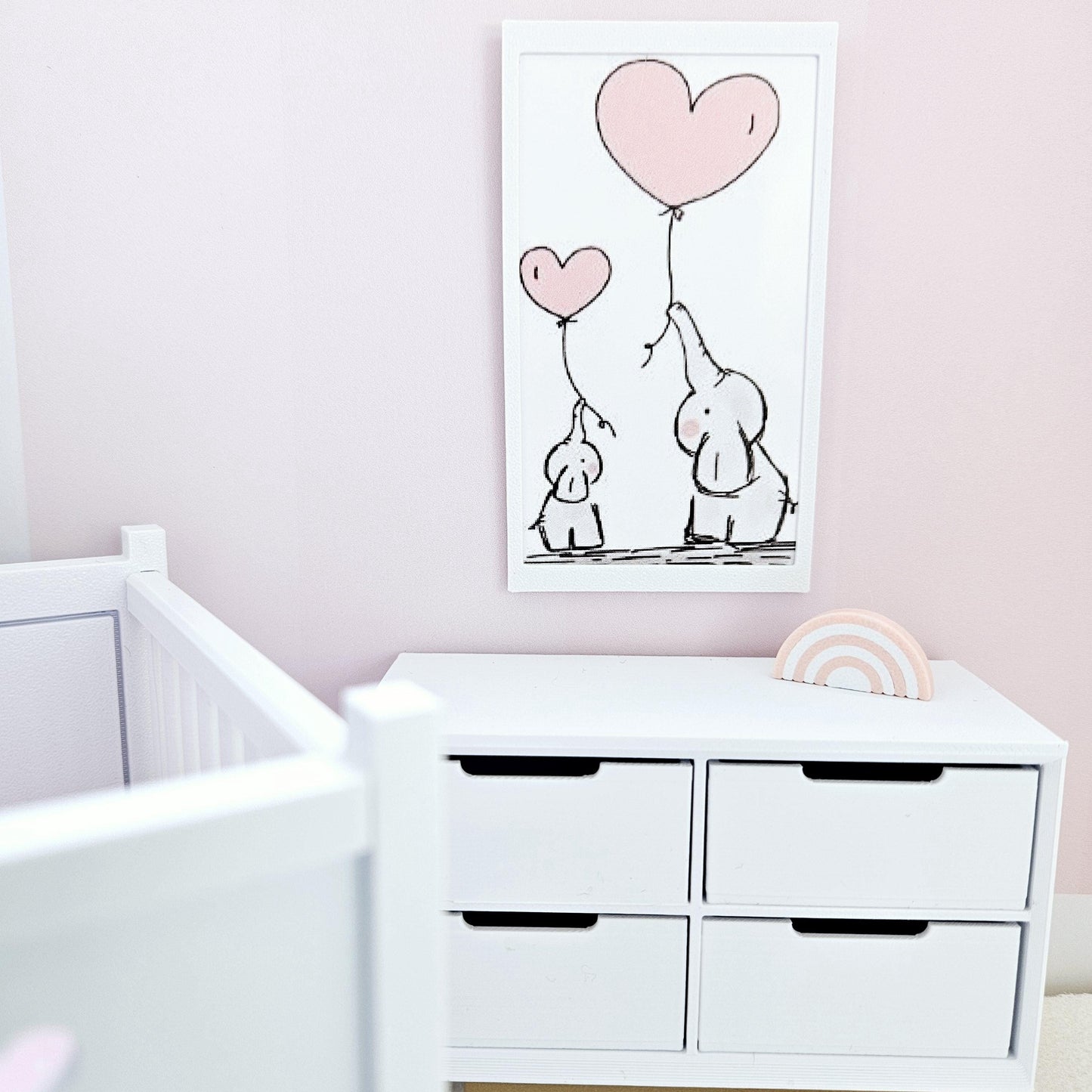 Dolls House Modern Framed Wall Art, Nursery Print. Cute pair of Elephants with Balloons, 12th scale, miniature wall picture. Nursery art