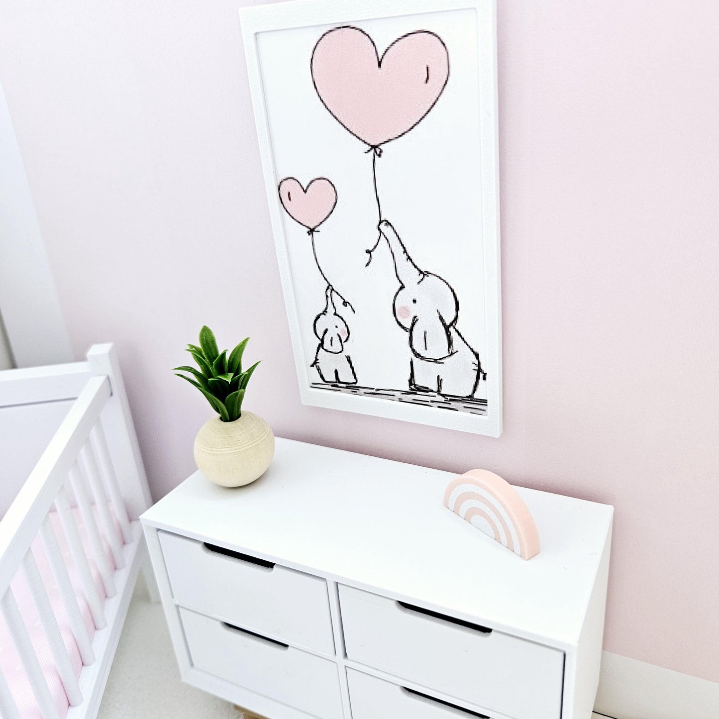 Dolls House Modern Framed Wall Art, Nursery Print. Cute pair of Elephants with Balloons, 12th scale, miniature wall picture. Nursery art