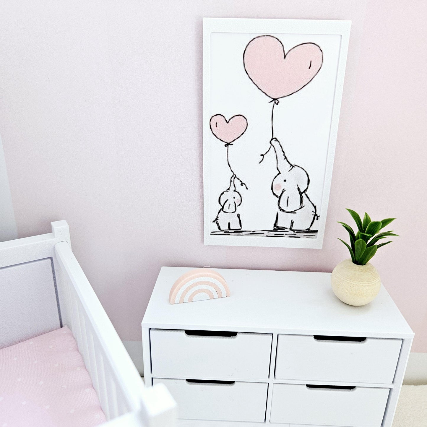 Dolls House Modern Framed Wall Art, Nursery Print. Cute pair of Elephants with Balloons, 12th scale, miniature wall picture. Nursery art