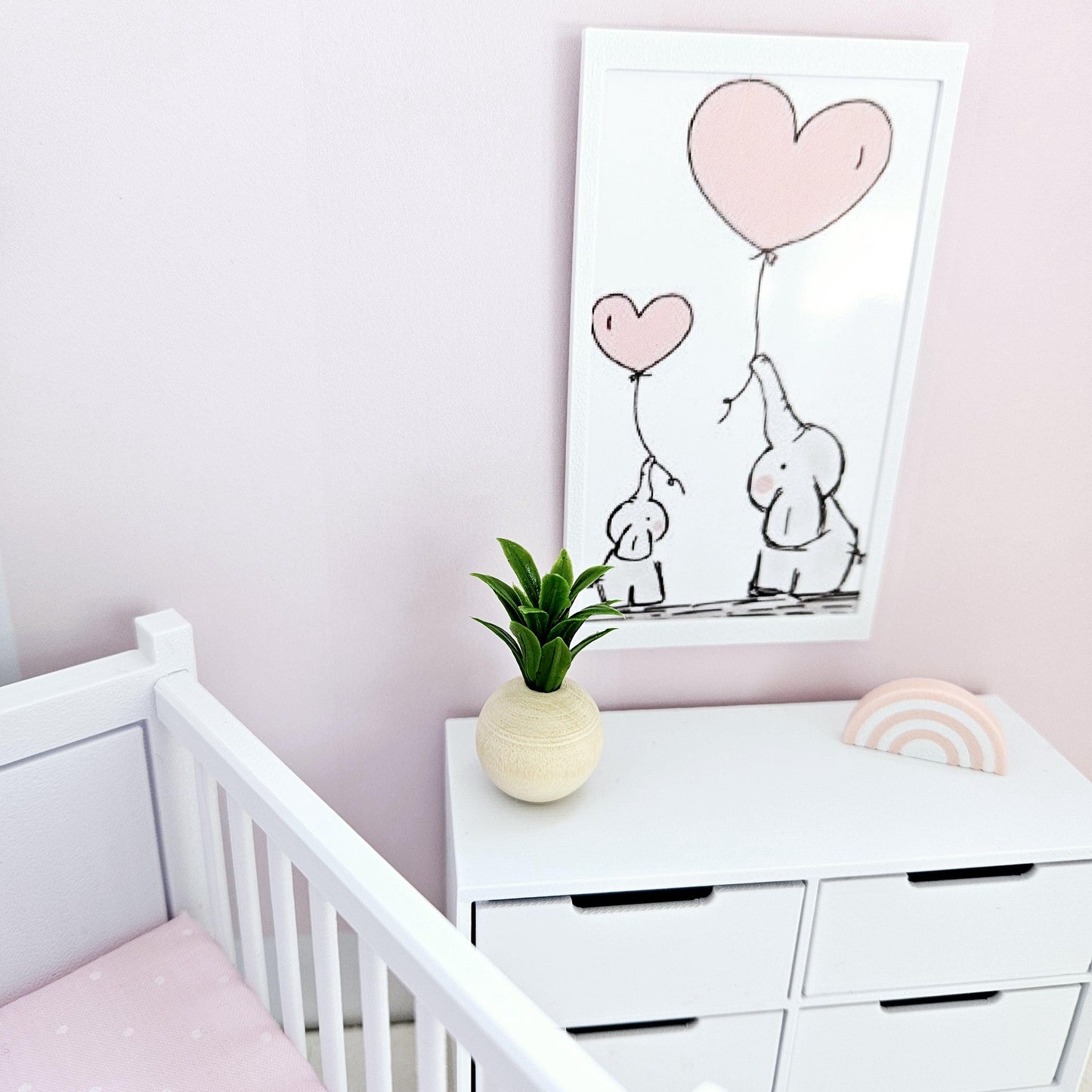 Dolls House Modern Framed Wall Art, Nursery Print. Cute pair of Elephants with Balloons, 12th scale, miniature wall picture. Nursery art