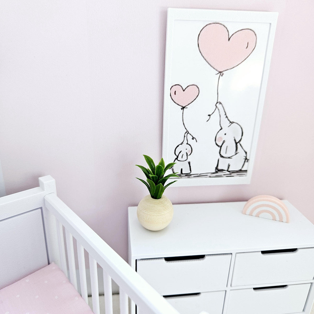 Dolls House Modern Framed Wall Art, Nursery Print. Cute pair of Elephants with Balloons, 12th scale, miniature wall picture. Nursery art