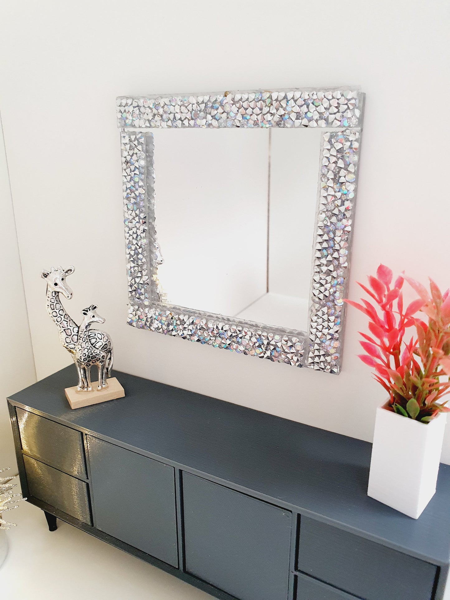 Dolls House Modern Large Square Mirror with Silver or Gold Rhinestones , Miniature Mirror, 12th Scale Mirror