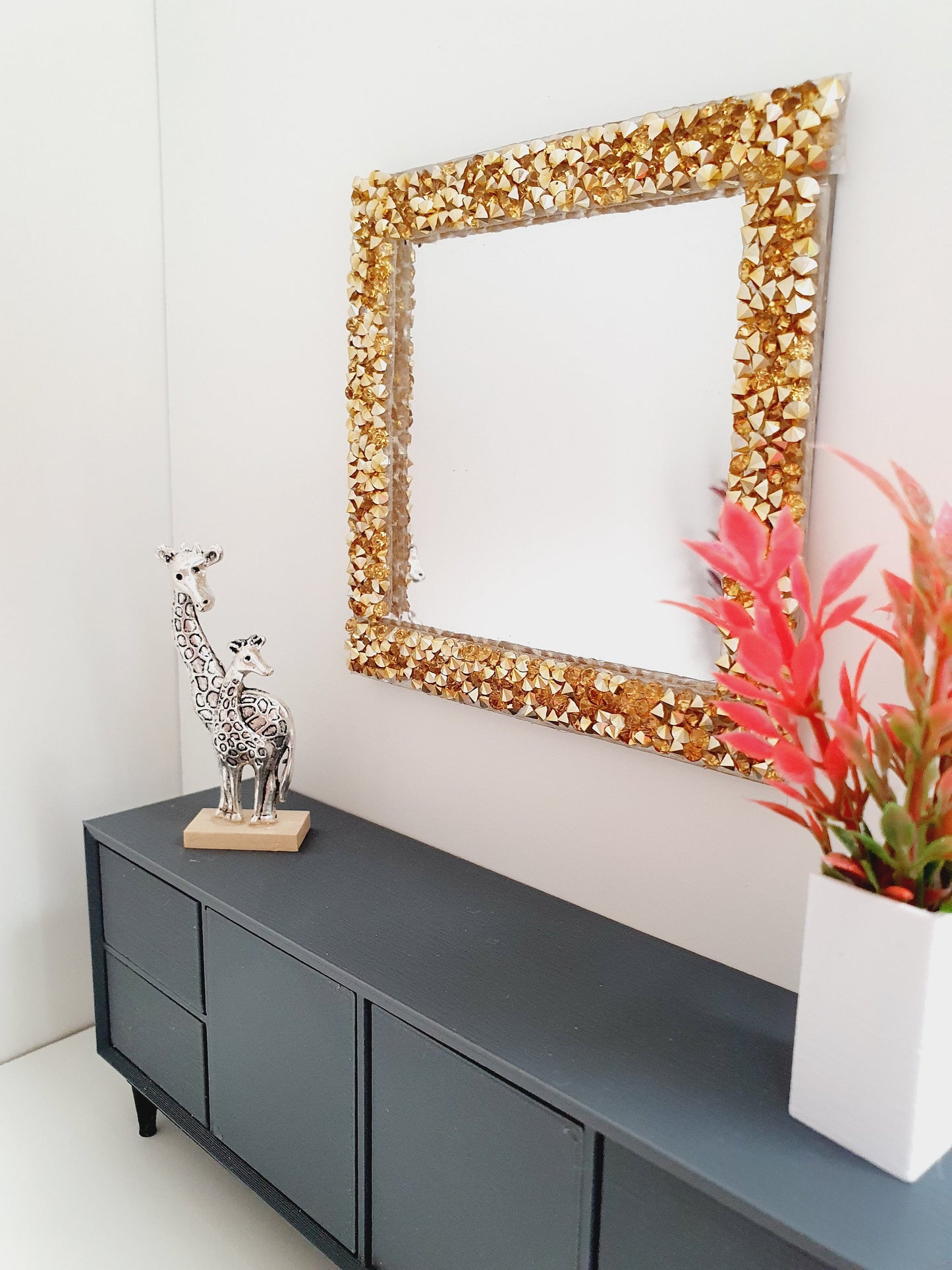 Dolls House Modern Large Square Mirror with Silver or Gold Rhinestones , Miniature Mirror, 12th Scale Mirror