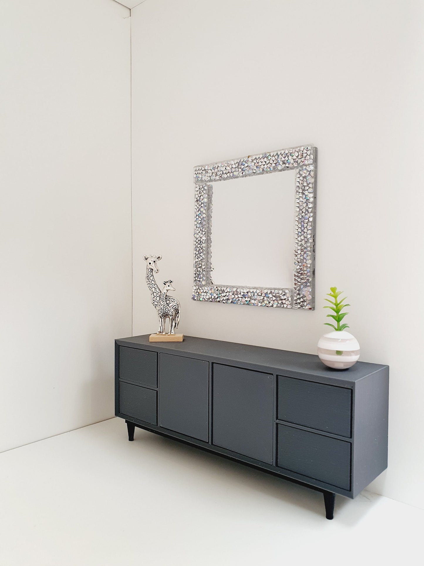 Dolls House Modern Large Square Mirror with Silver or Gold Rhinestones , Miniature Mirror, 12th Scale Mirror