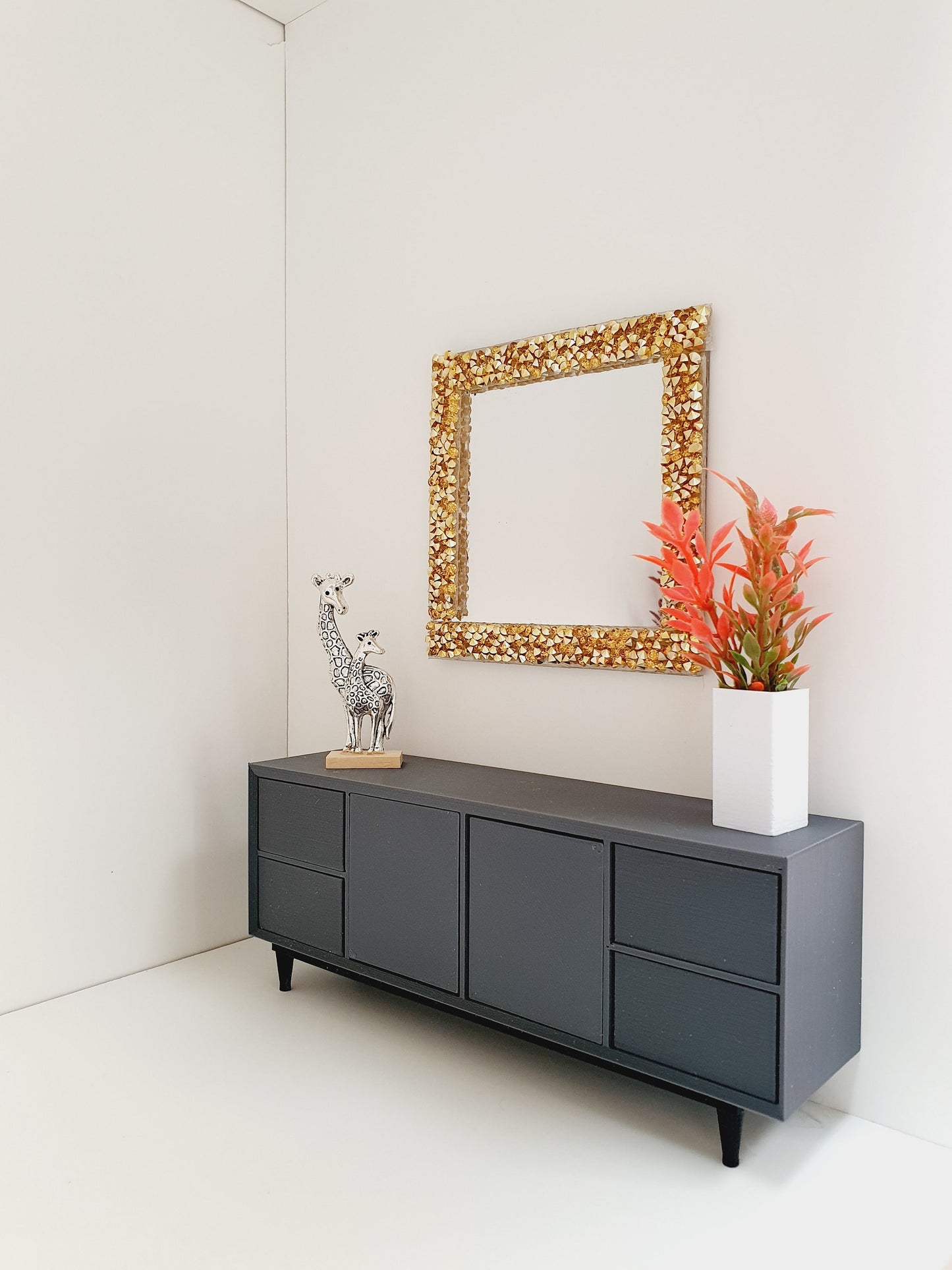 Dolls House Modern Large Square Mirror with Silver or Gold Rhinestones , Miniature Mirror, 12th Scale Mirror