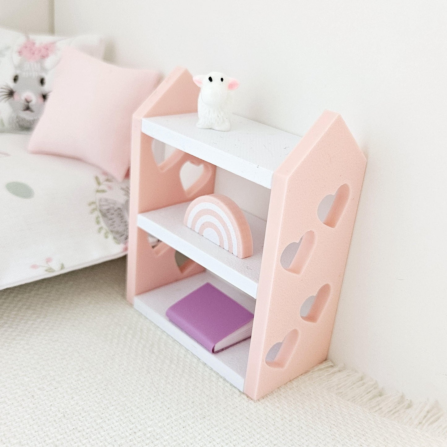 Dolls House Bookcase with hearts, choice of colours, miniature bookcase, 12th scale, perfect for a child's bedroom or nursery