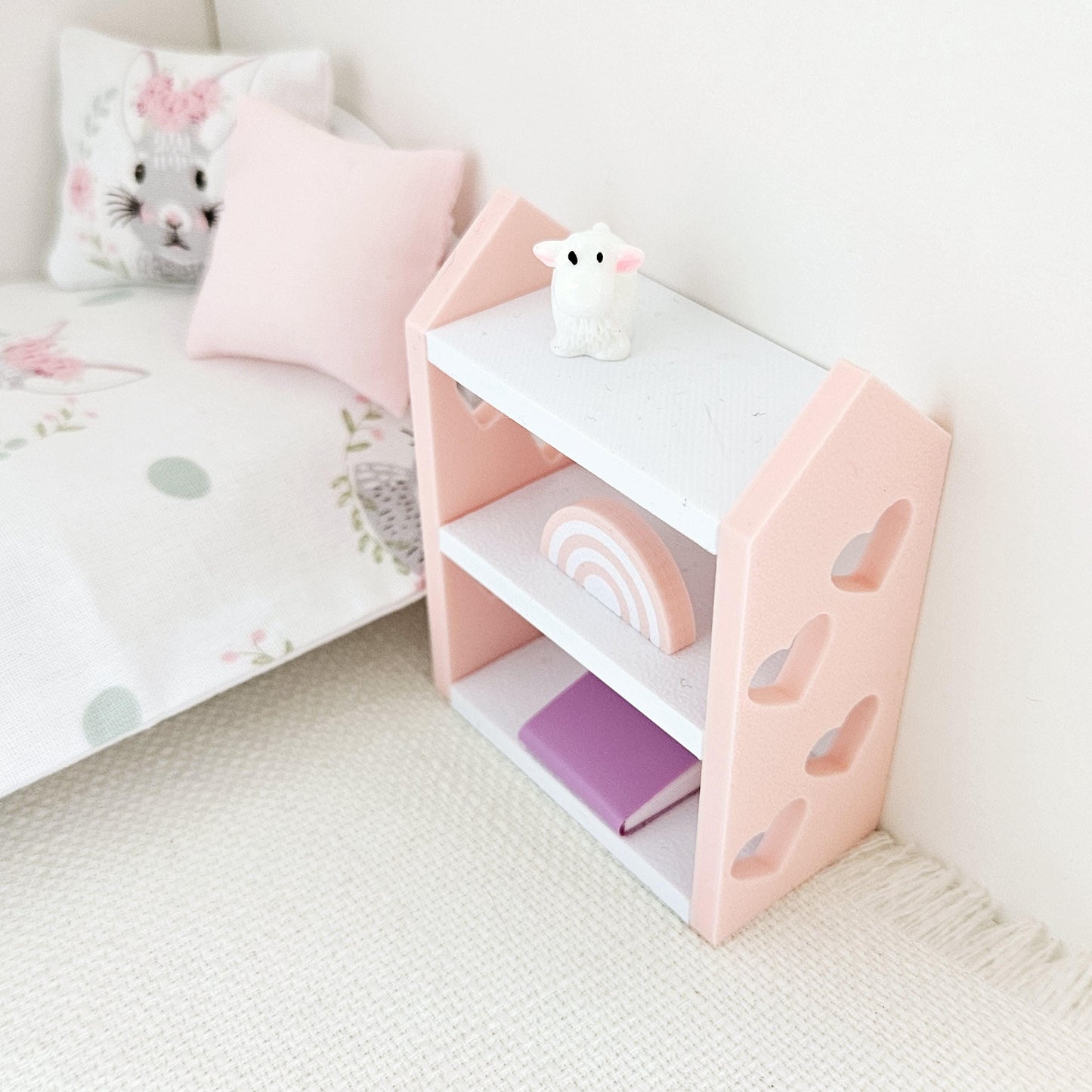 Dolls House Bookcase with hearts, choice of colours, miniature bookcase, 12th scale, perfect for a child's bedroom or nursery