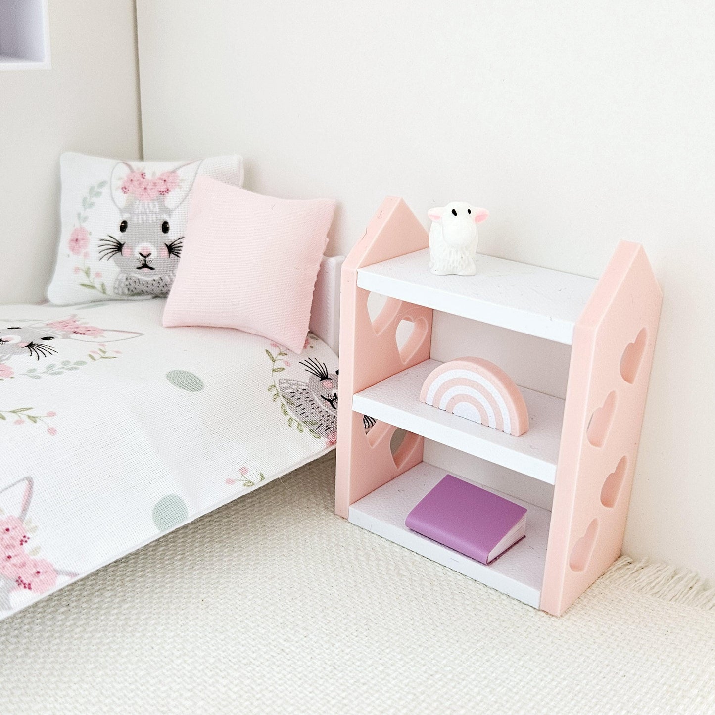 Dolls House Bookcase with hearts, choice of colours, miniature bookcase, 12th scale, perfect for a child's bedroom or nursery