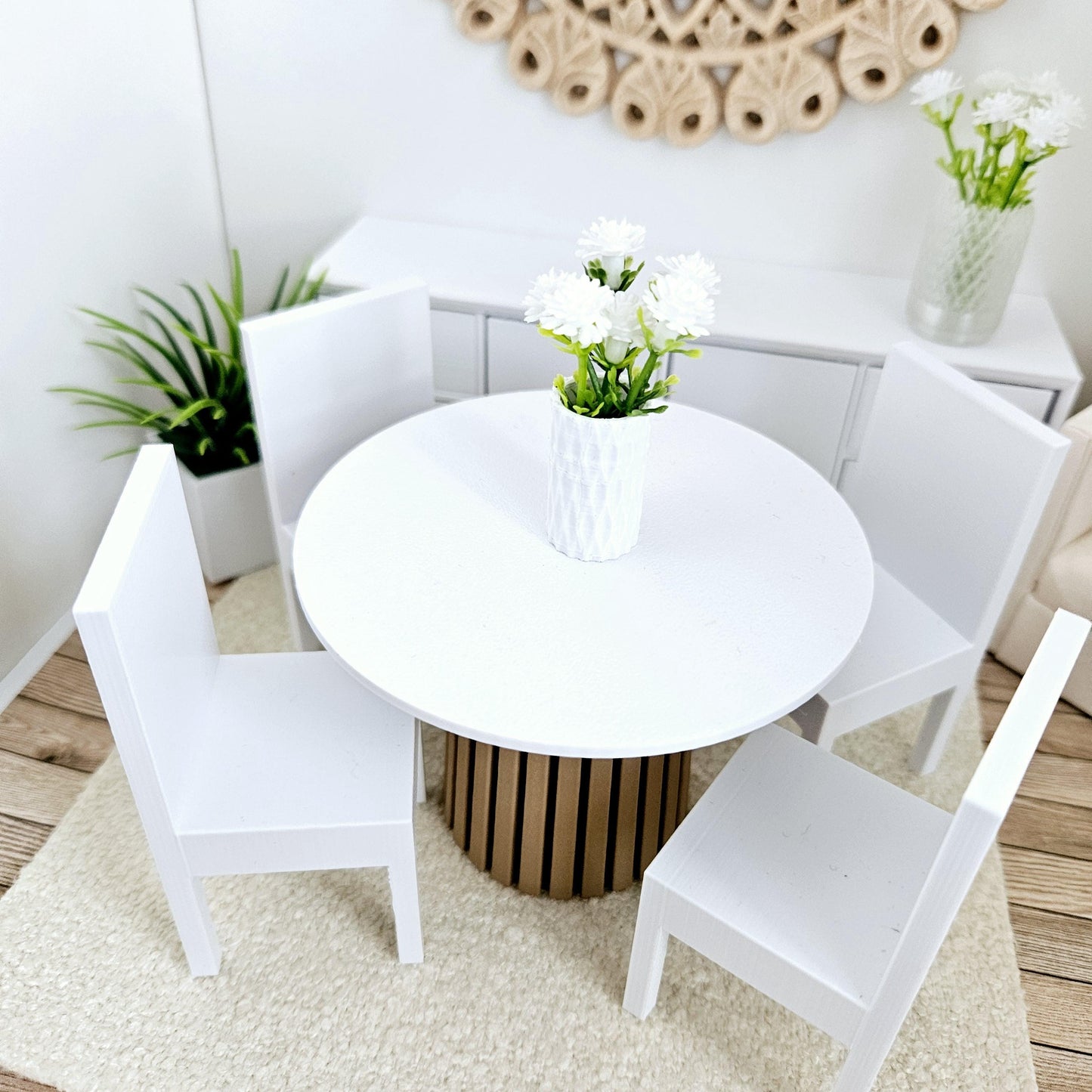 Dolls House Modern Round Dining Table and 4x Chairs, 12th Scale, Miniature Table