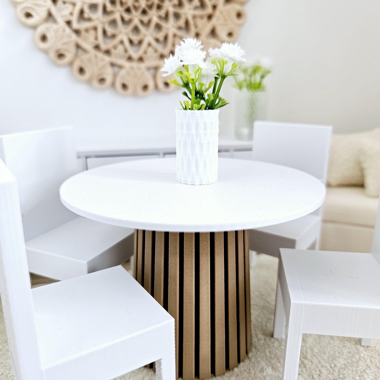 Dolls House Modern Round Dining Table and 4x Chairs, 12th Scale, Miniature Table