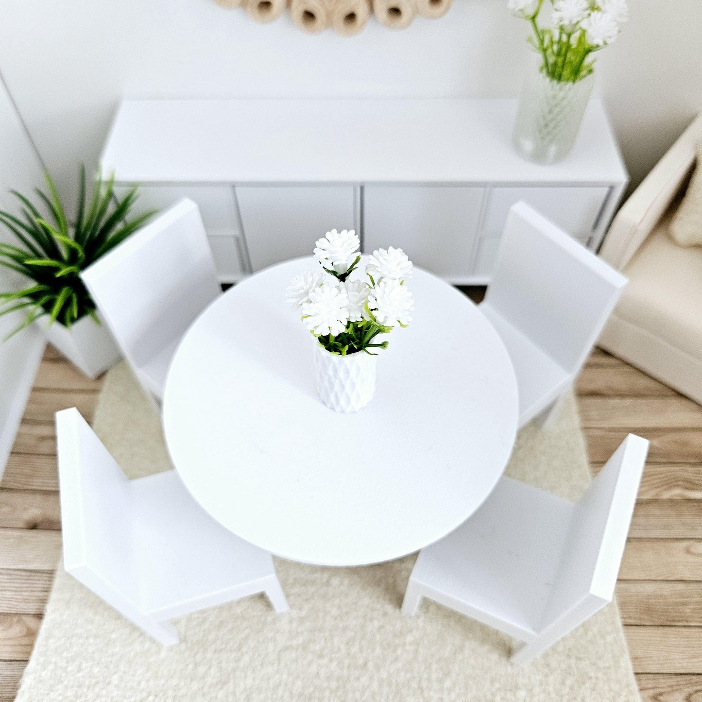 Dolls House Modern Round Dining Table and 4x Chairs, 12th Scale, Miniature Table
