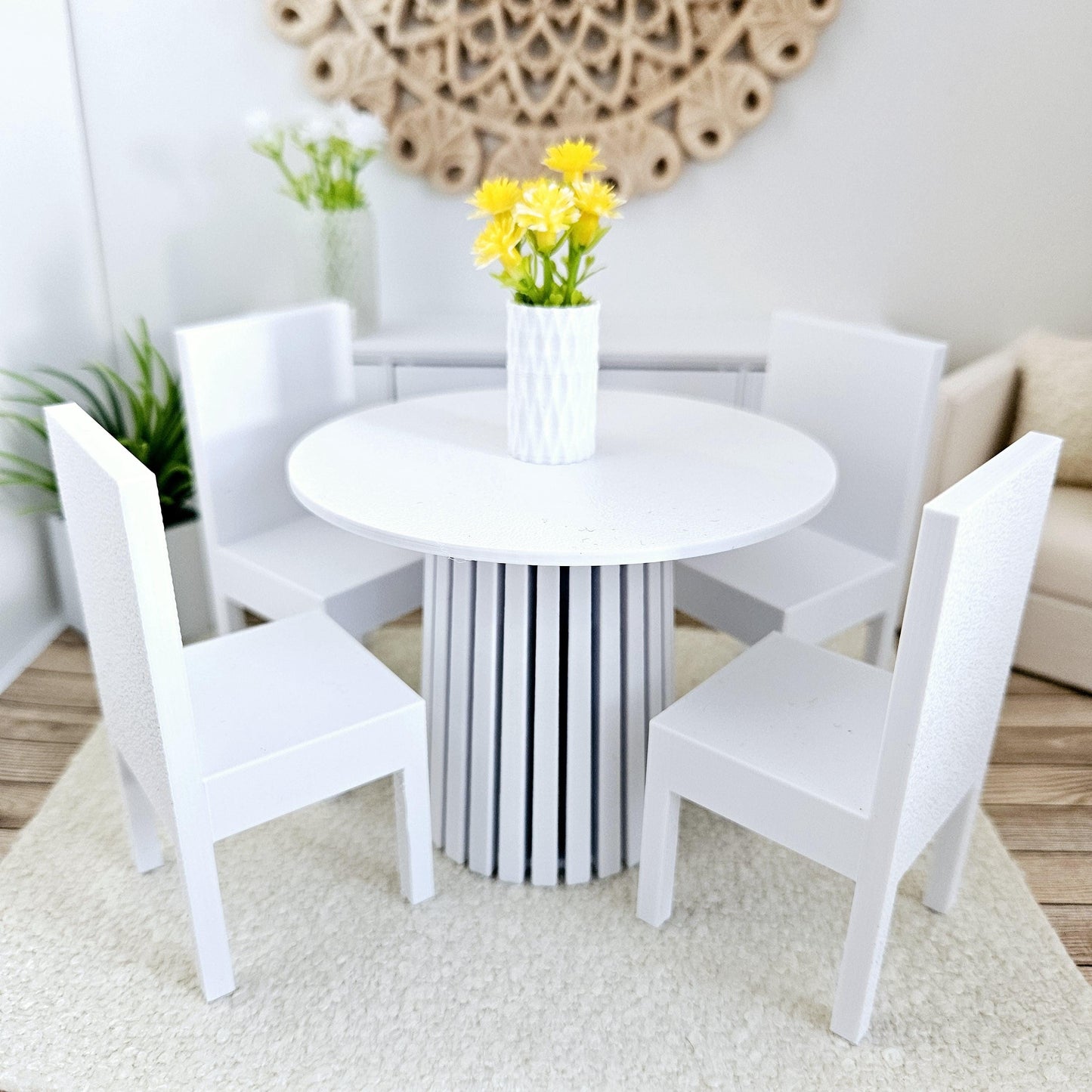 Dolls House Modern Round Dining Table and 4x Chairs, 12th Scale, Miniature Table