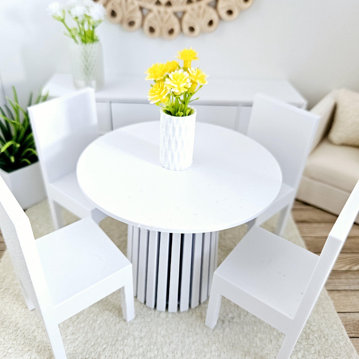 Dolls House Modern Round Dining Table and 4x Chairs, 12th Scale, Miniature Table
