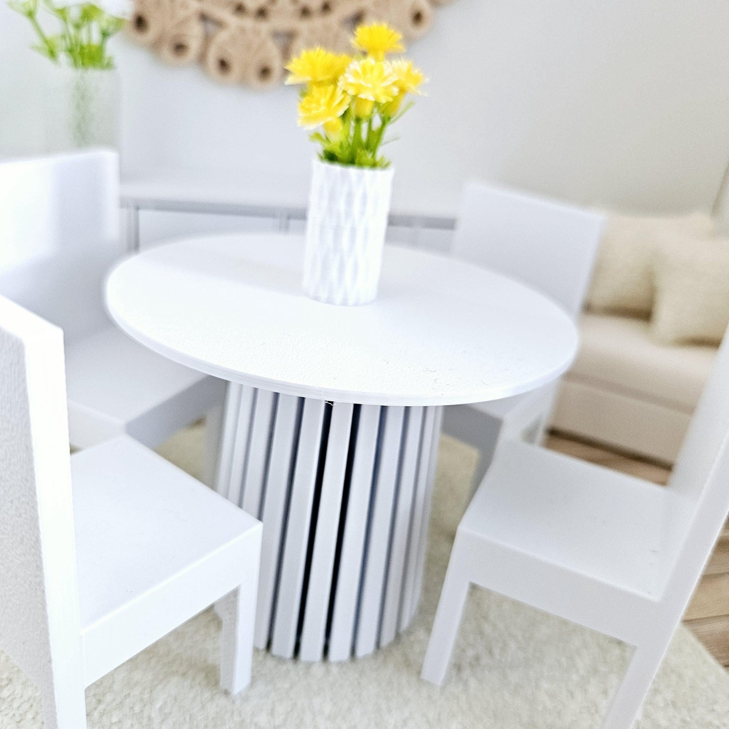 Dolls House Modern Round Dining Table and 4x Chairs, 12th Scale, Miniature Table