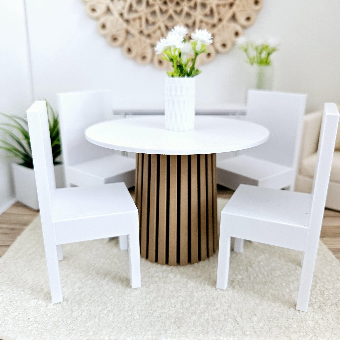 Dolls House Modern Round Dining Table and 4x Chairs, 12th Scale, Miniature Table