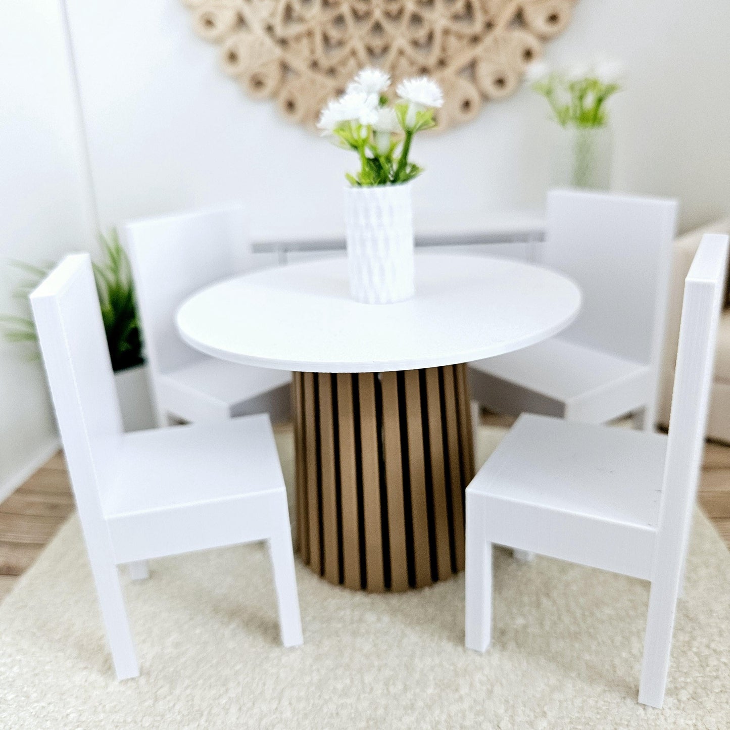 Dolls House Modern Round Dining Table and 4x Chairs, 12th Scale, Miniature Table