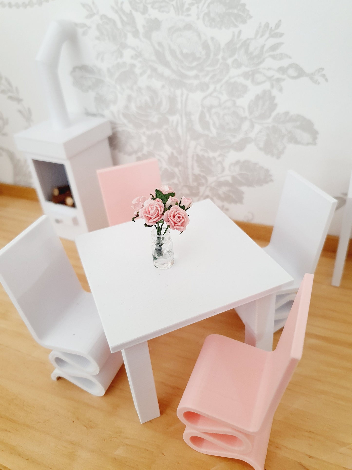 Dolls House Modern Small White Dining Table with Chunky Legs & 4 Funky Chairs 1:12th Scale, Miniature Table